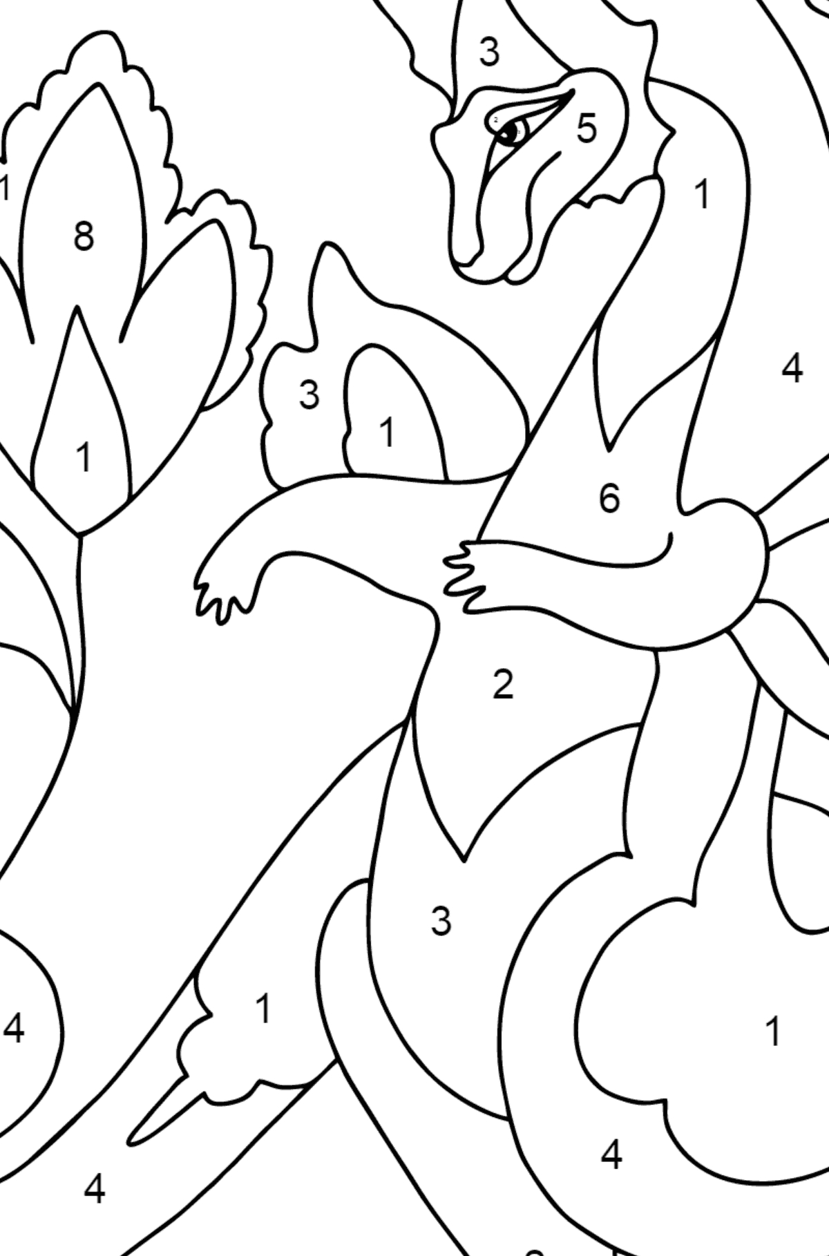 Dibujo de Dragón y Flor (Duro) para colorear - Colorear por Números para Niños