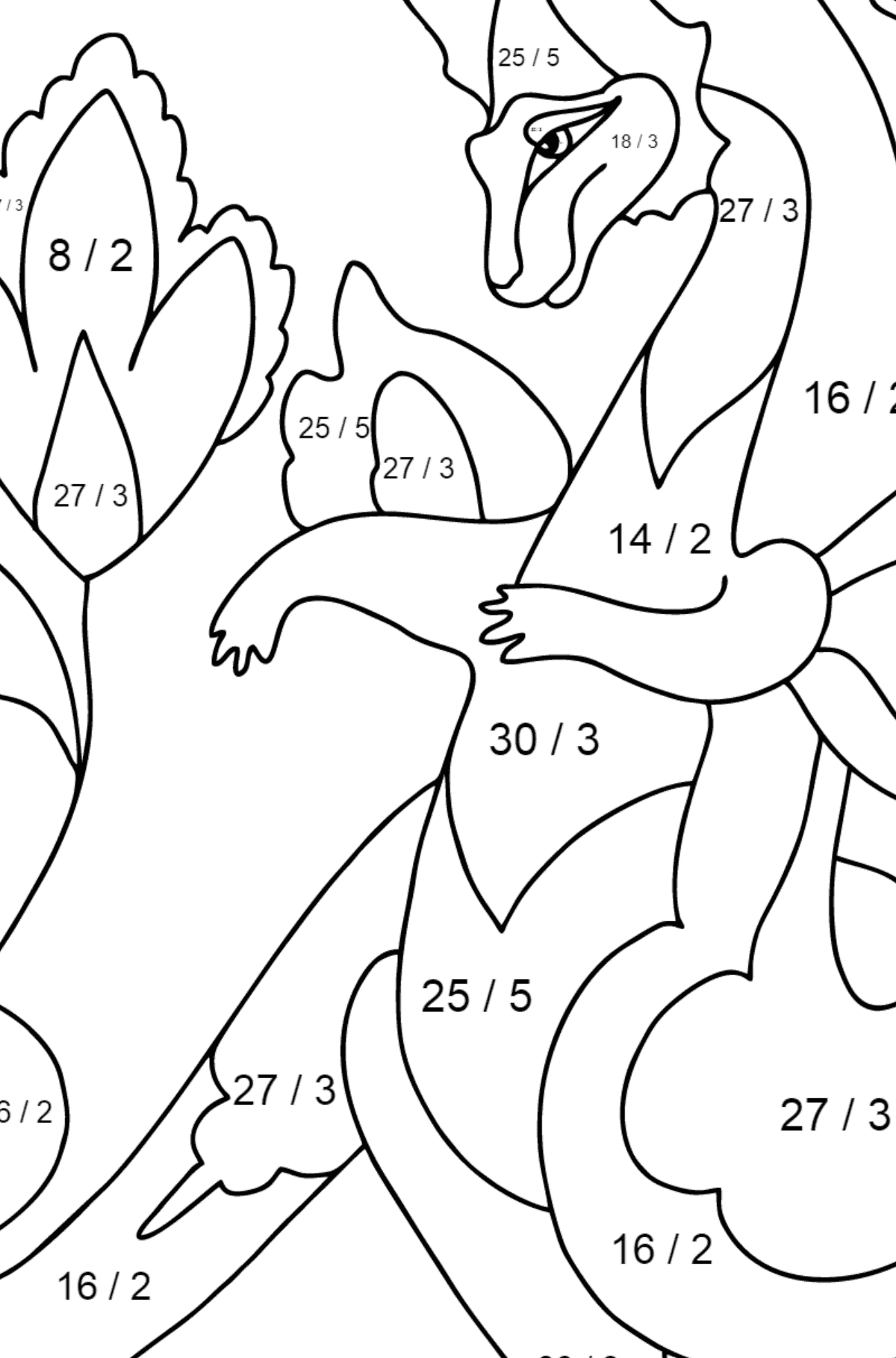 Värityskuva sateenkaari lohikäärme - Matemaattinen Värityslasku - Jakolasku lapsille