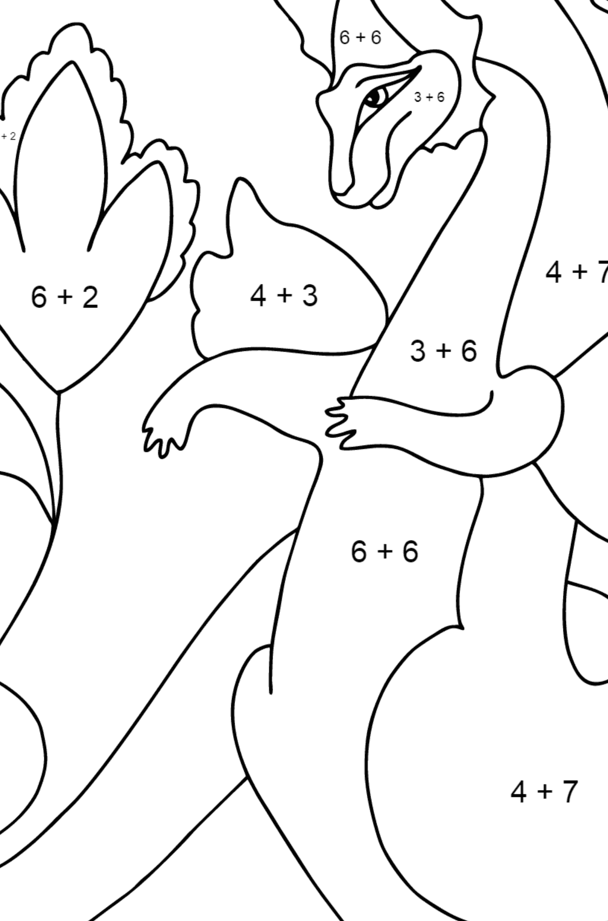 Ausmalbild Drache und Blume - Mathe Ausmalbilder - Addition für Kinder