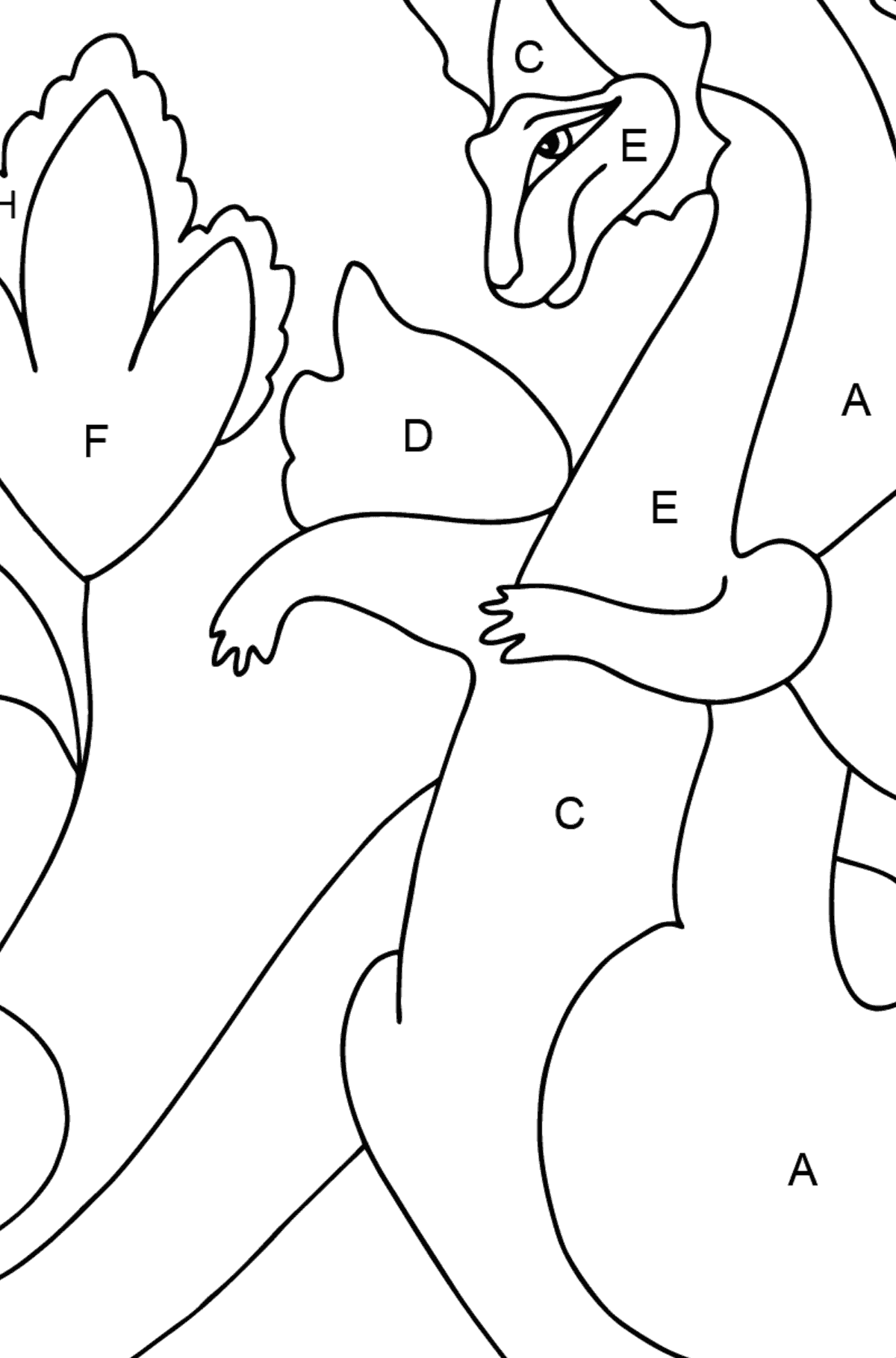 Ausmalbild Drache und Blume - Ausmalen nach Buchstaben für Kinder