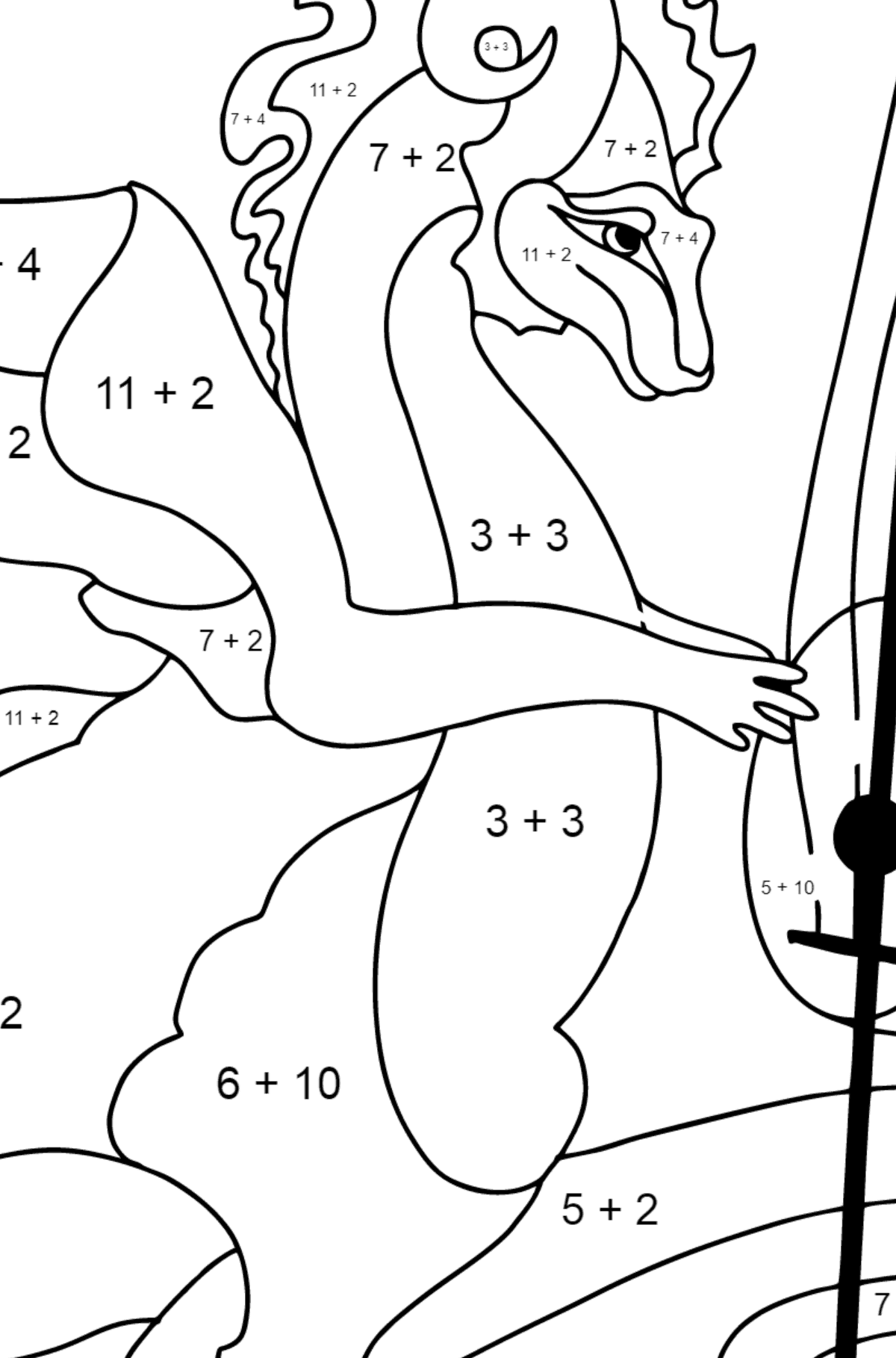 Värityskuva sateenkaarilohikäärme (helppo) - Matemaattinen Väritys - Yhteenlasku lapsille