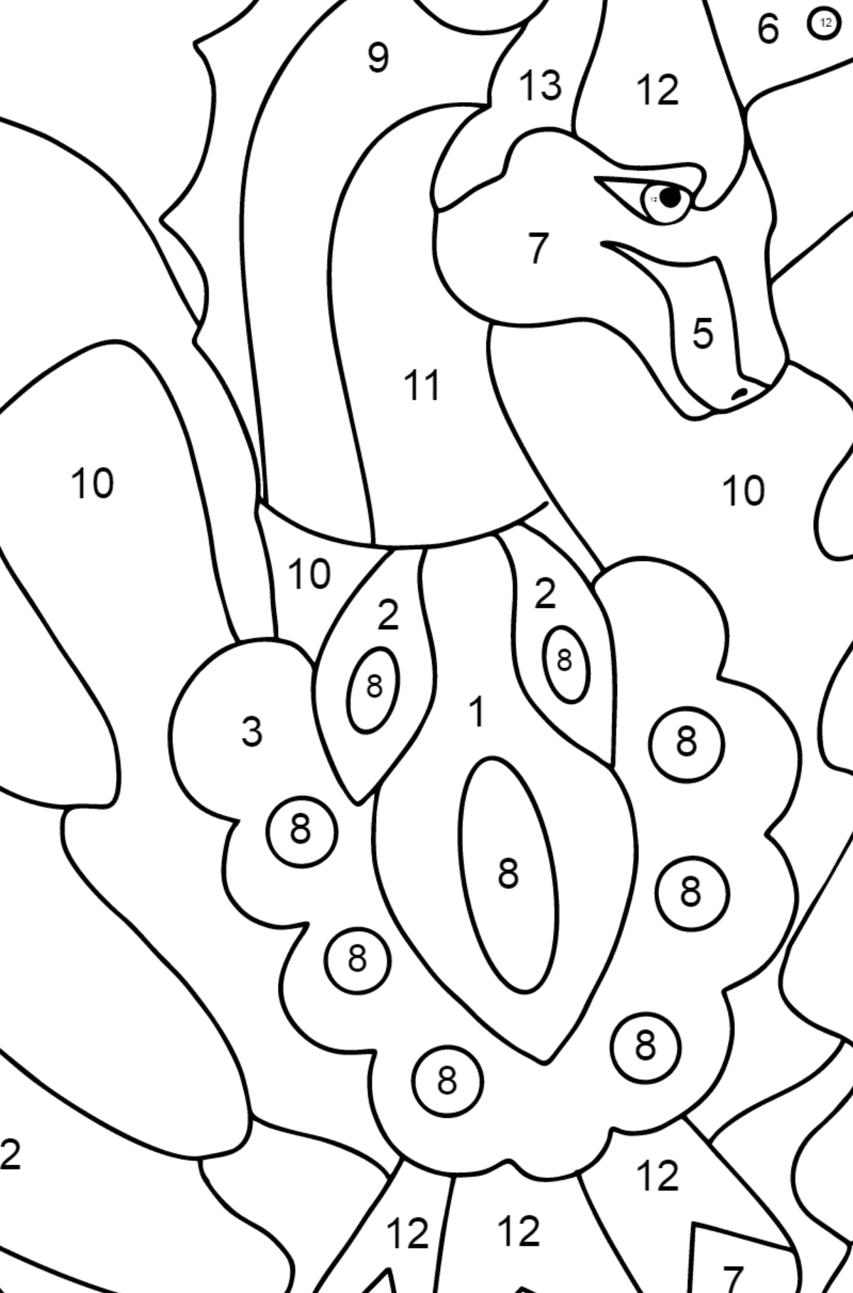 Värityskuva söpö lohikäärme (vaikea) - Väritys numeroiden mukaan lapsille