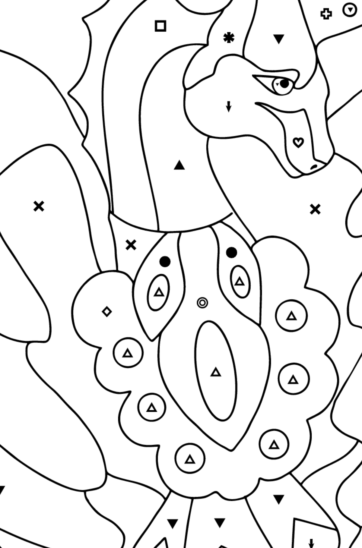Värityskuva söpö lohikäärme (vaikea) - Väritys Symbolien ja Geometristen Kuvioiden mukaan lapsille