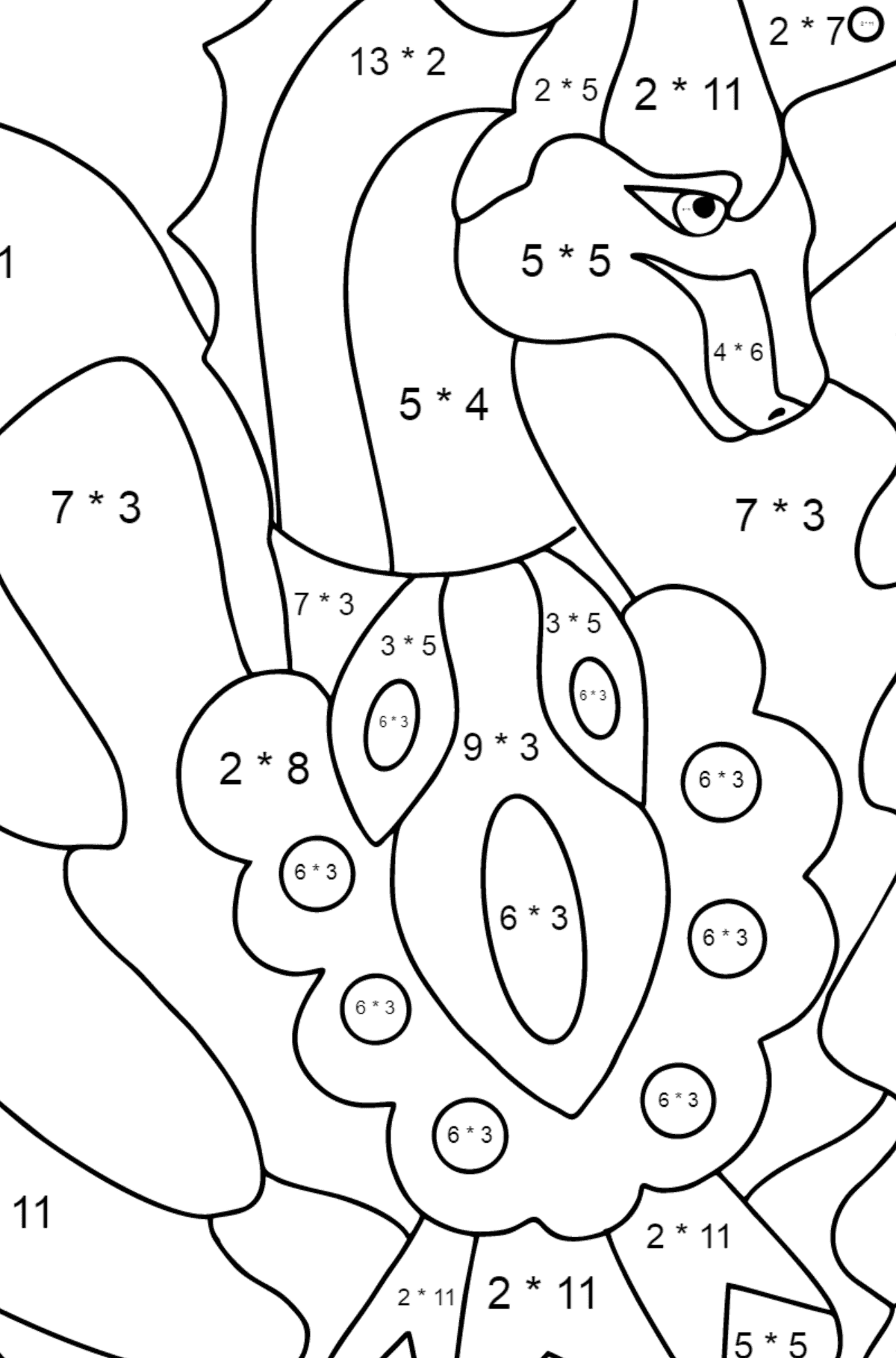 Värityskuva söpö lohikäärme (vaikea) - Matemaattinen Värityskirja - Kertolasku lapsille