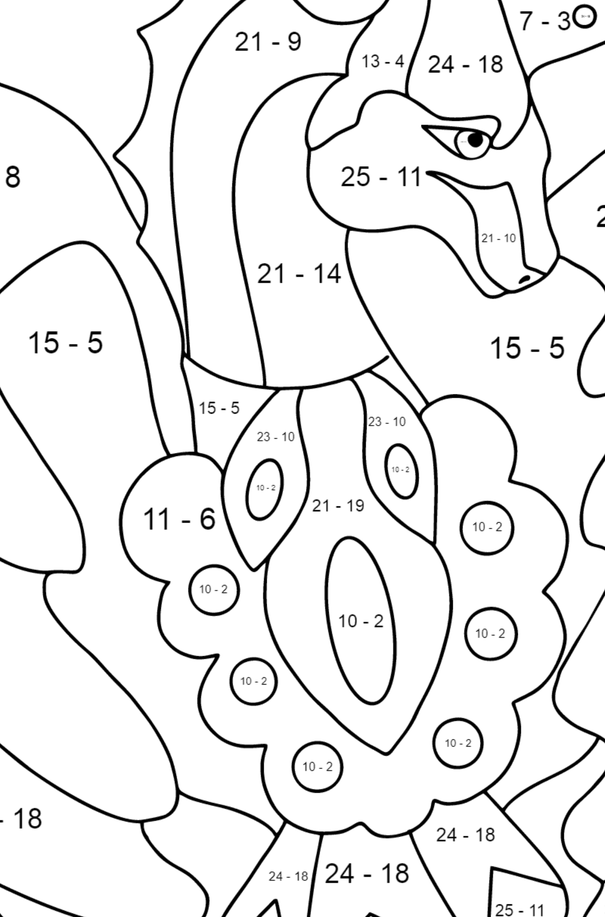 Värityskuva söpö lohikäärme (vaikea) - Matemaattinen Väritys - Vähennys lapsille