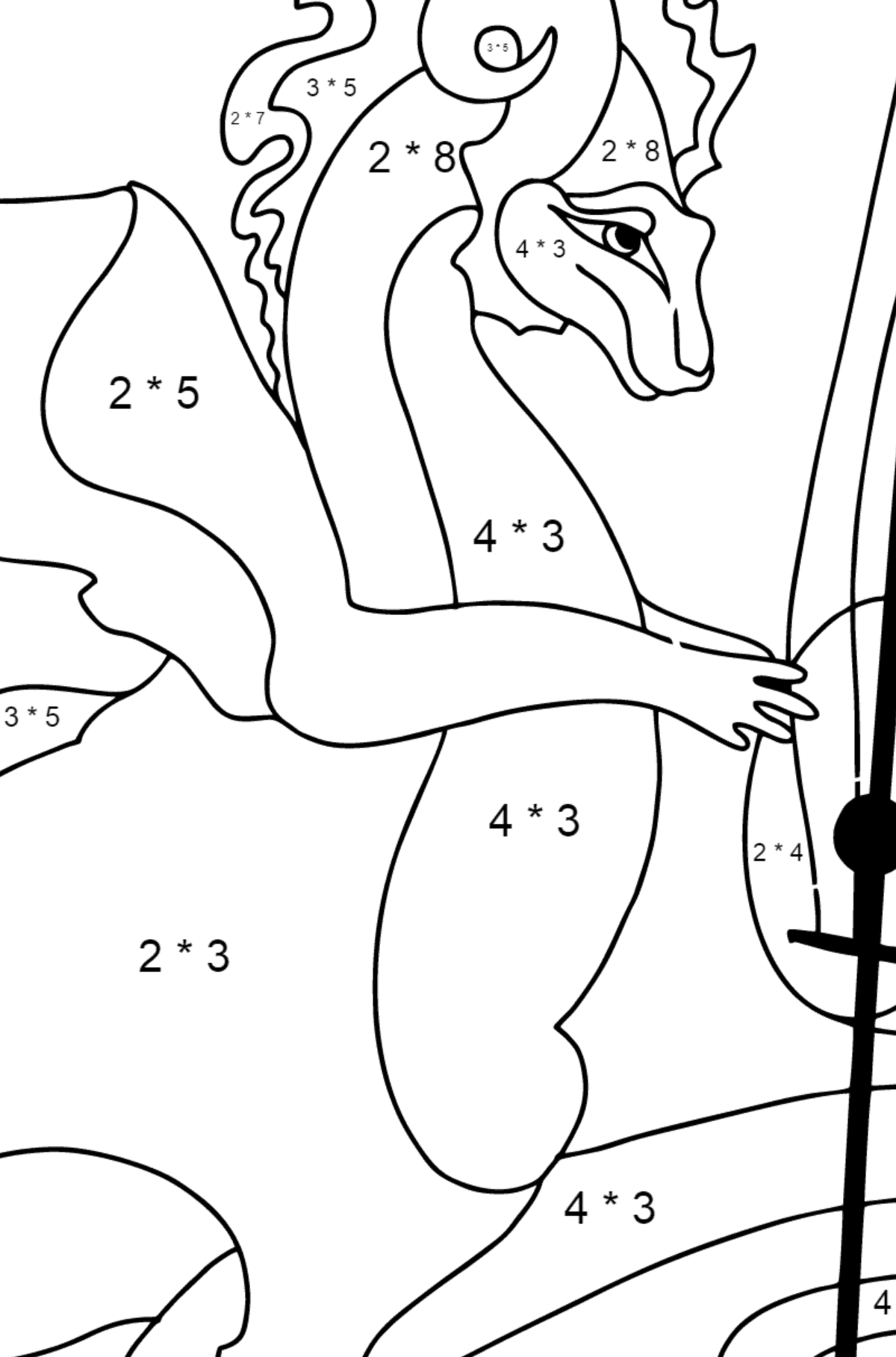 Boyama sayfası zümrüt ejderha (kolay) - Matematik Boyama - Çarpma çocuklar için