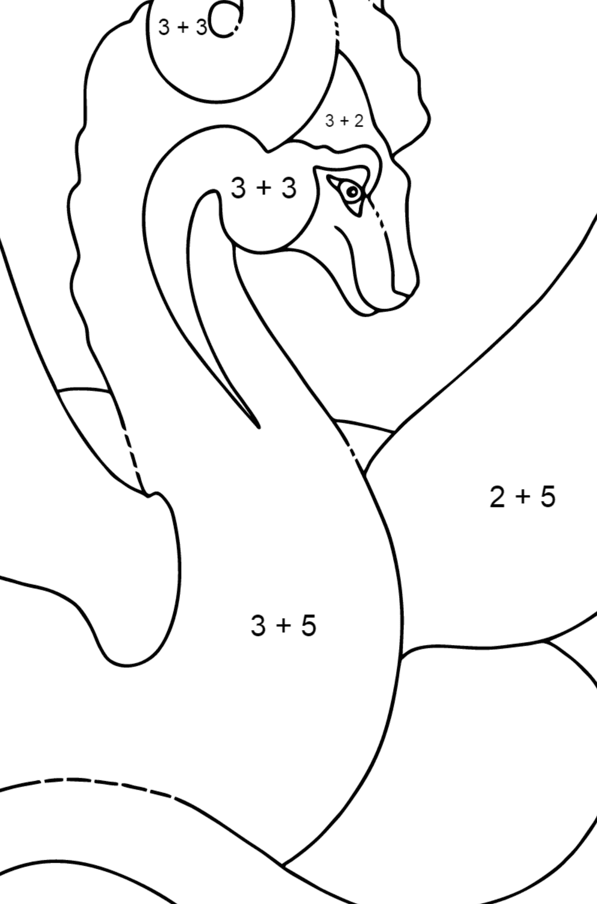 Dibujo para colorear buen dragón (simple) - Colorear con Matemáticas - Sumas para Niños