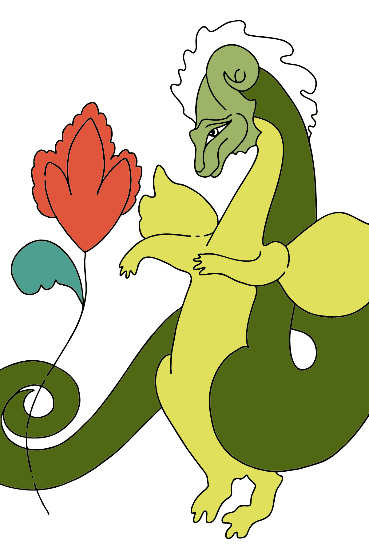 Раскраска Дракон и цветок (просто) - Картинки для Детей