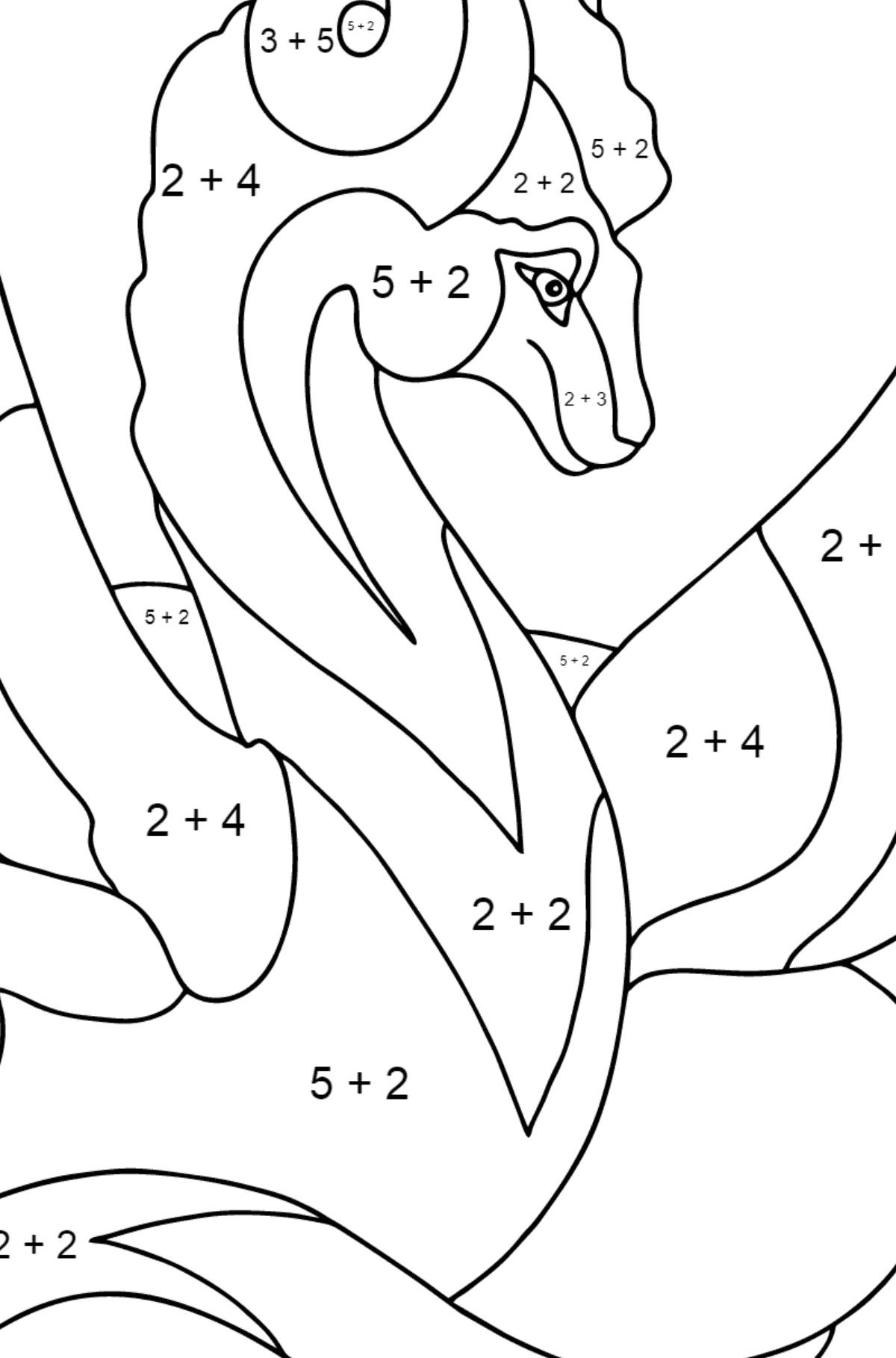 Värityskuva sateenkaarilohikäärme (vaikea) - Matemaattinen Väritys - Yhteenlasku lapsille