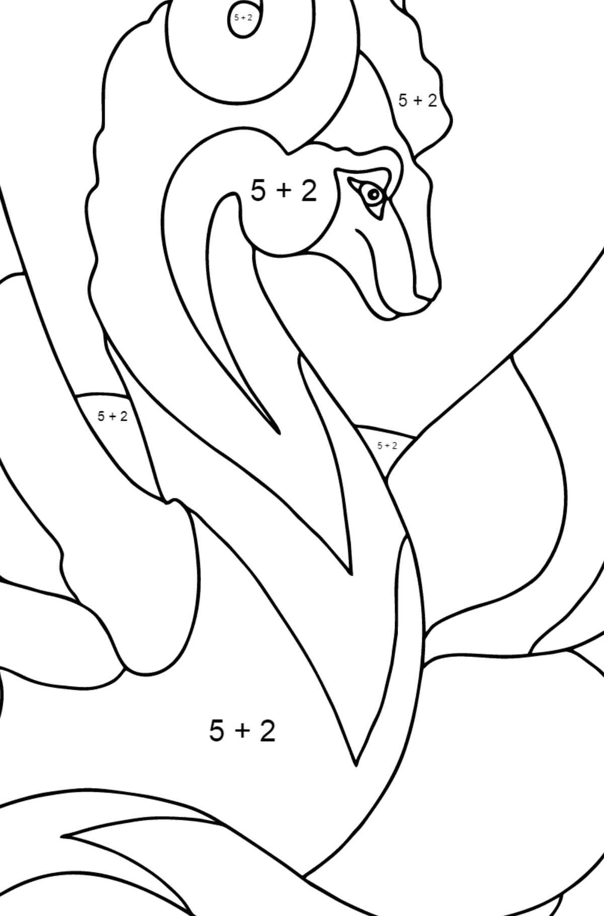 Värityskuva sateenkaarilohikäärme (vaikea) - Matemaattinen Väritys - Vähennys lapsille