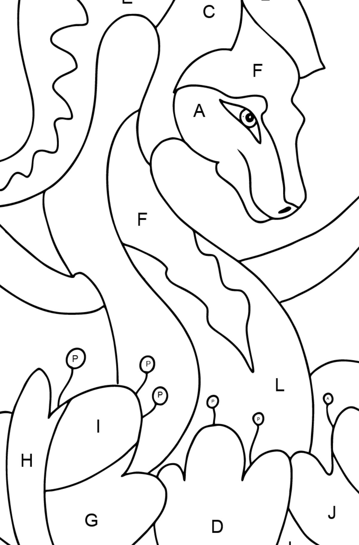 Dibujo para colorear dragón colorido (difícil) - Colorear por Letras para Niños