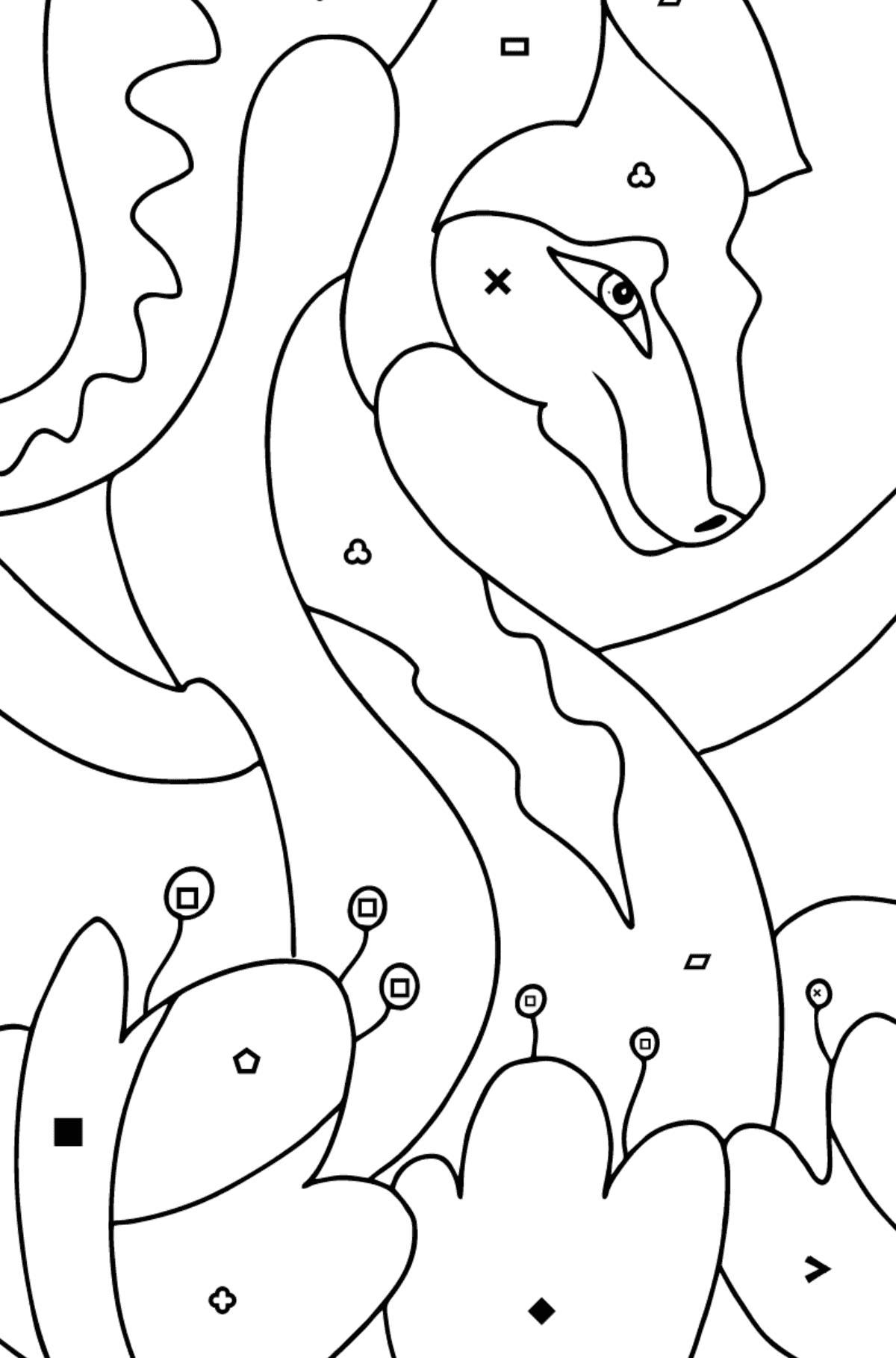Värityskuva söpö lohikäärme - Väritys Symbolien ja Geometristen Kuvioiden mukaan lapsille