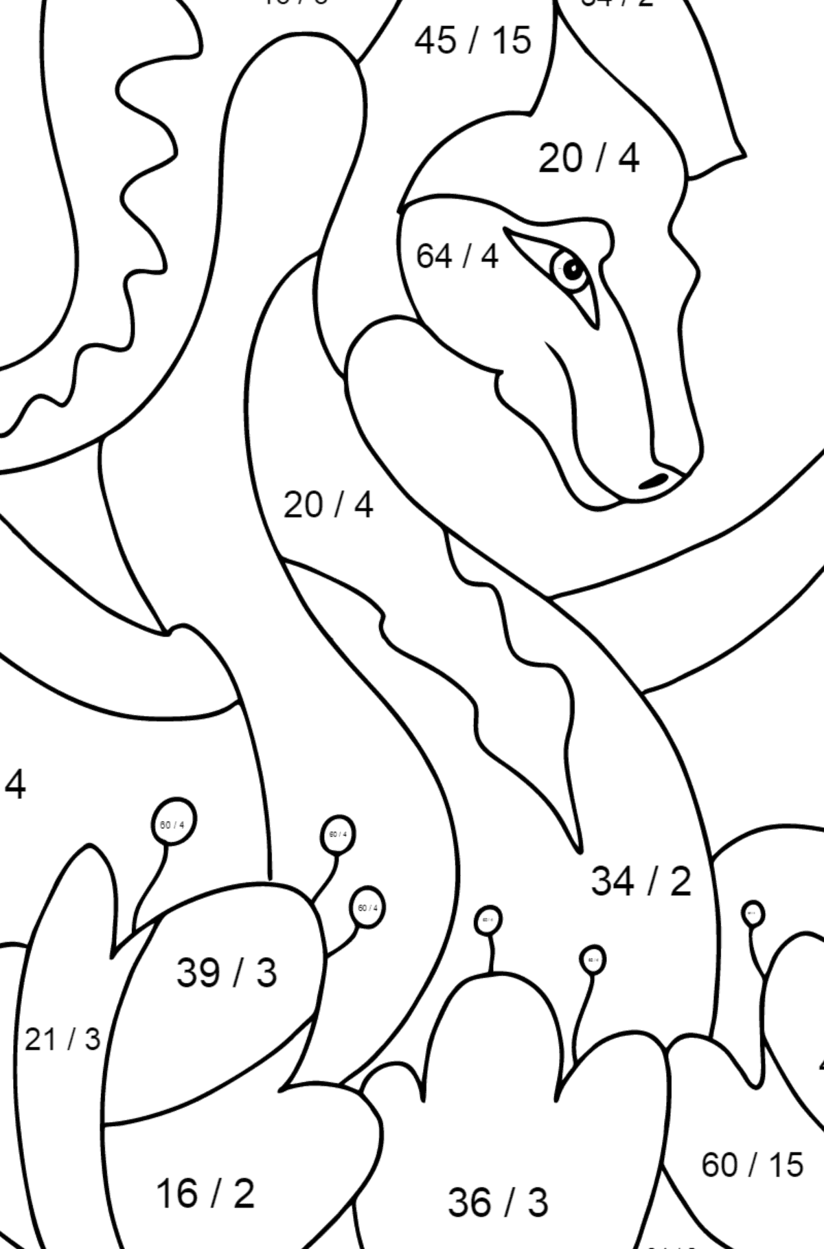 Värityskuva söpö lohikäärme - Matemaattinen Värityslasku - Jakolasku lapsille