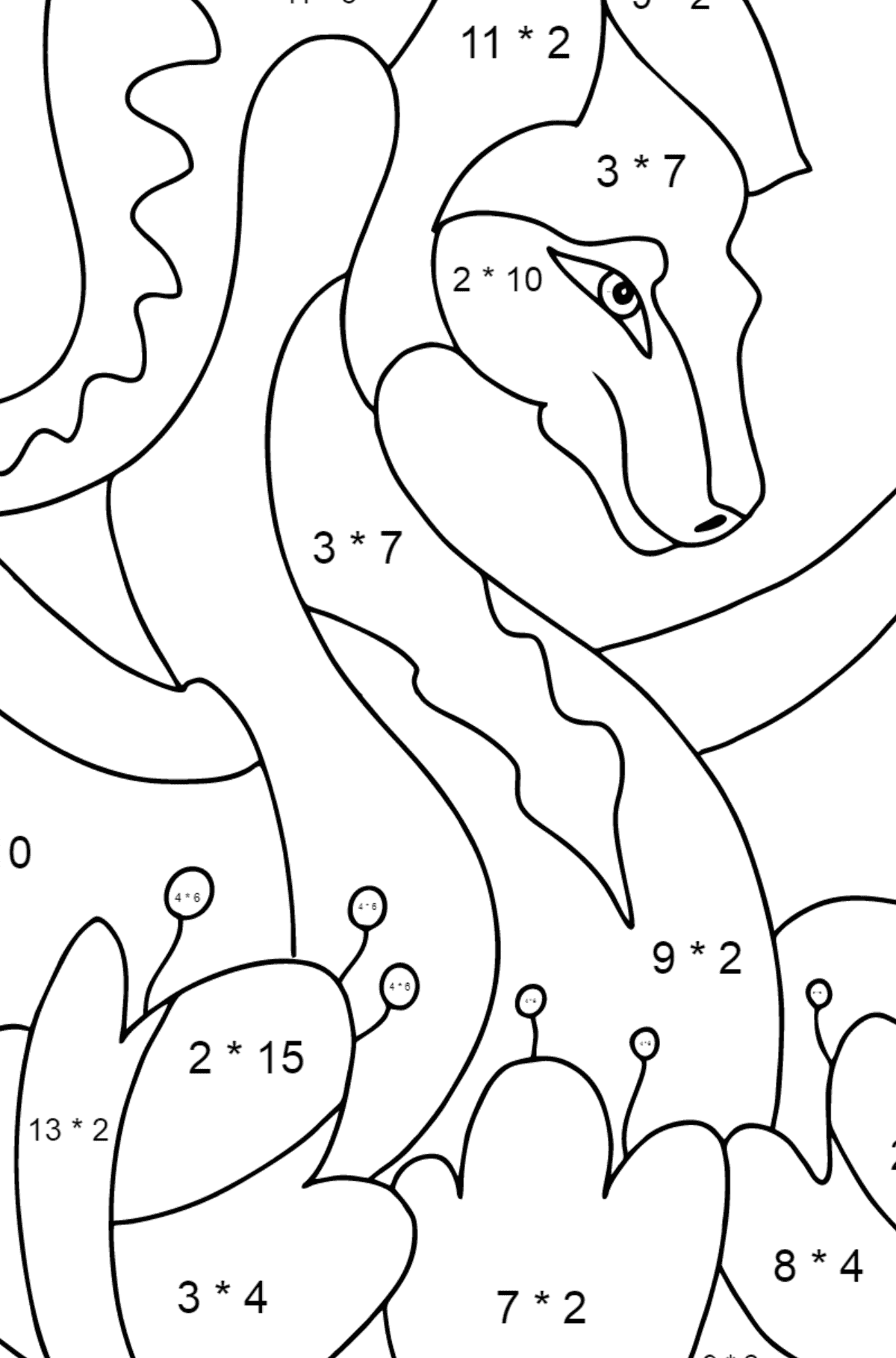 Dibujo para colorear dragón colorido (difícil) - Colorear con Matemáticas - Multiplicaciones para Niños