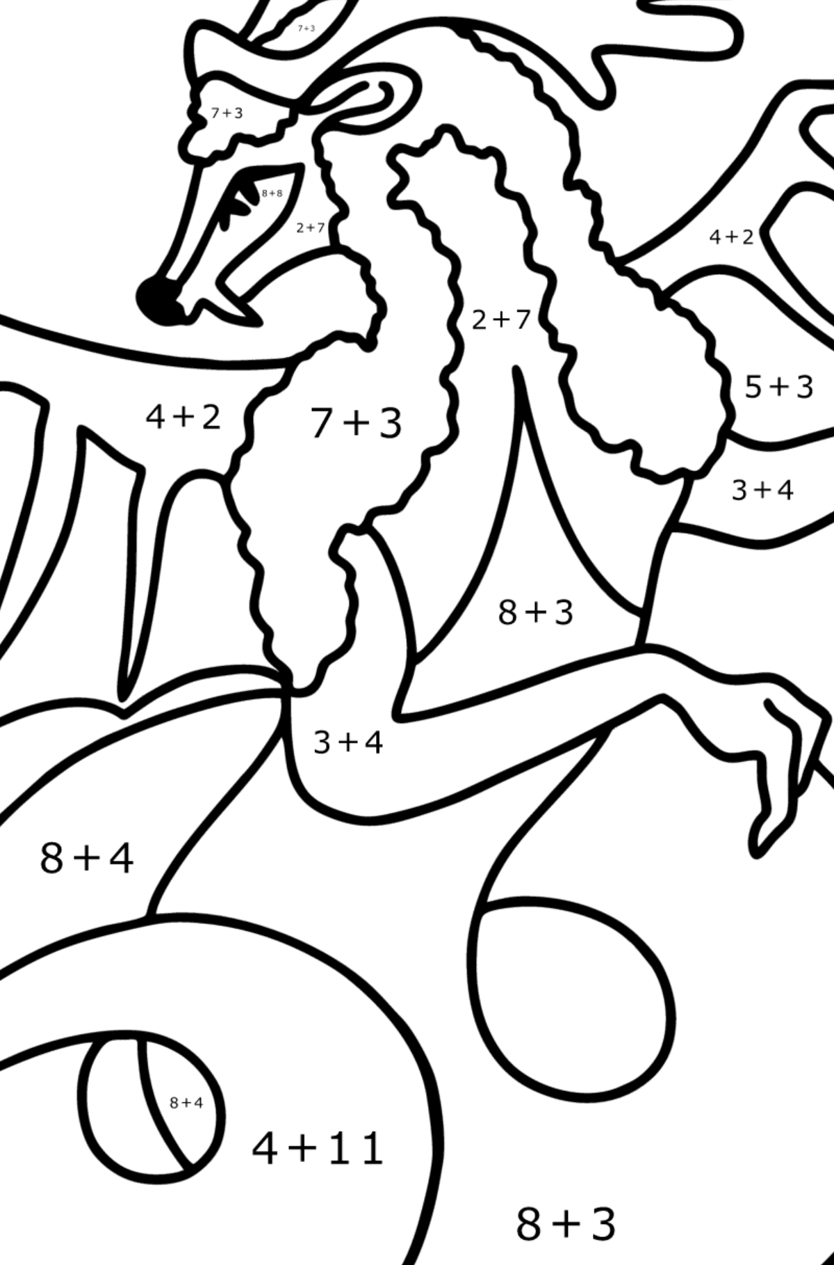 Värityskuva hyvä lohikäärme - Matemaattinen Väritys - Yhteenlasku lapsille