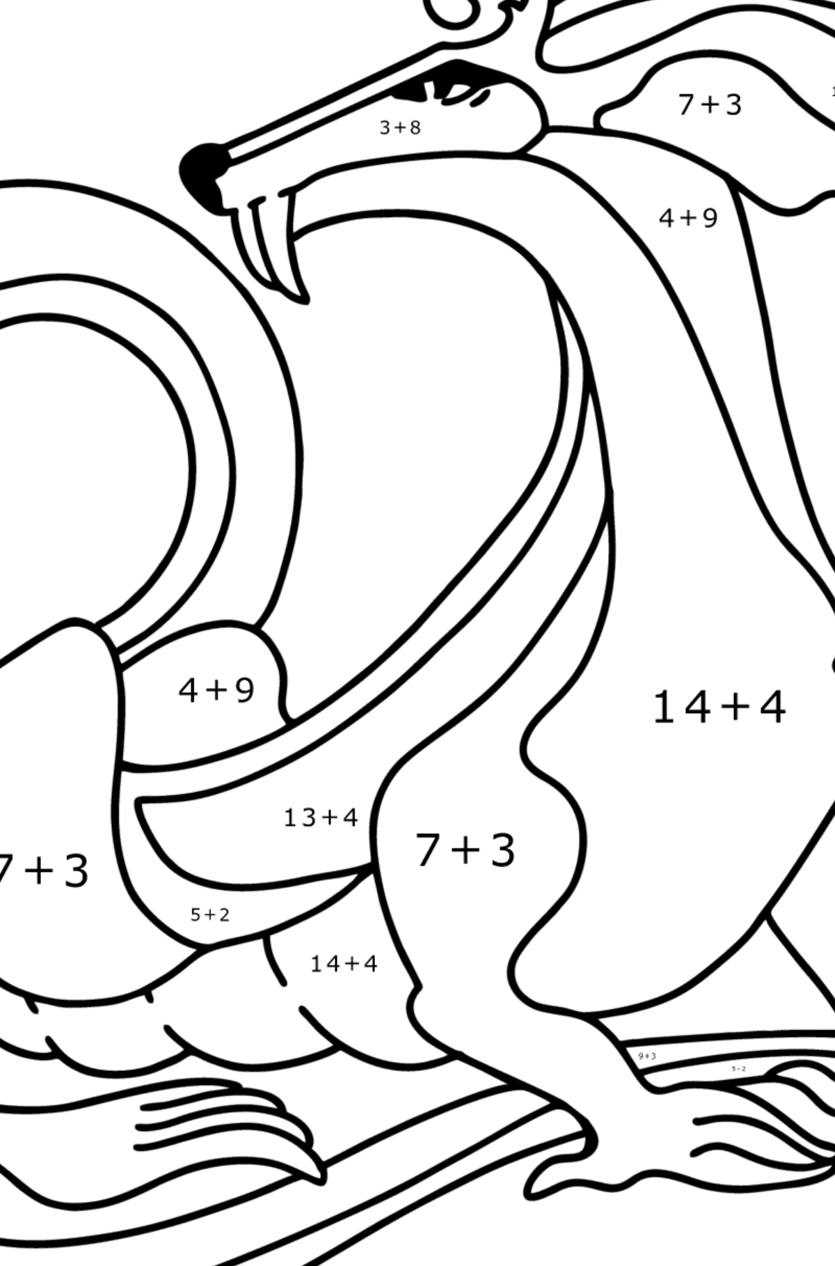 Värityskuva rauhallinen lohikäärme - Matemaattinen Väritys - Yhteenlasku lapsille