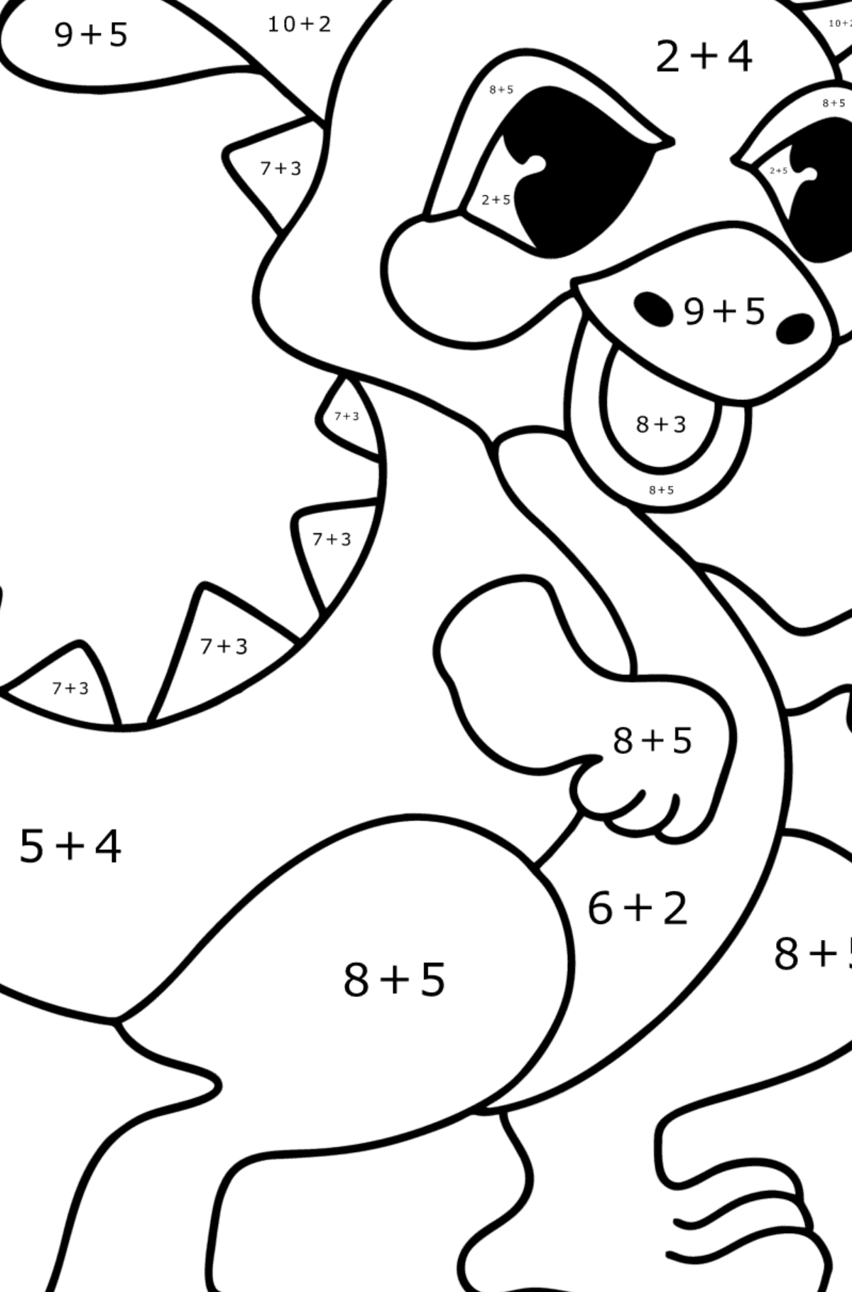 Värityskuva sarjakuvamainen lohikäärme - Matemaattinen Väritys - Yhteenlasku lapsille