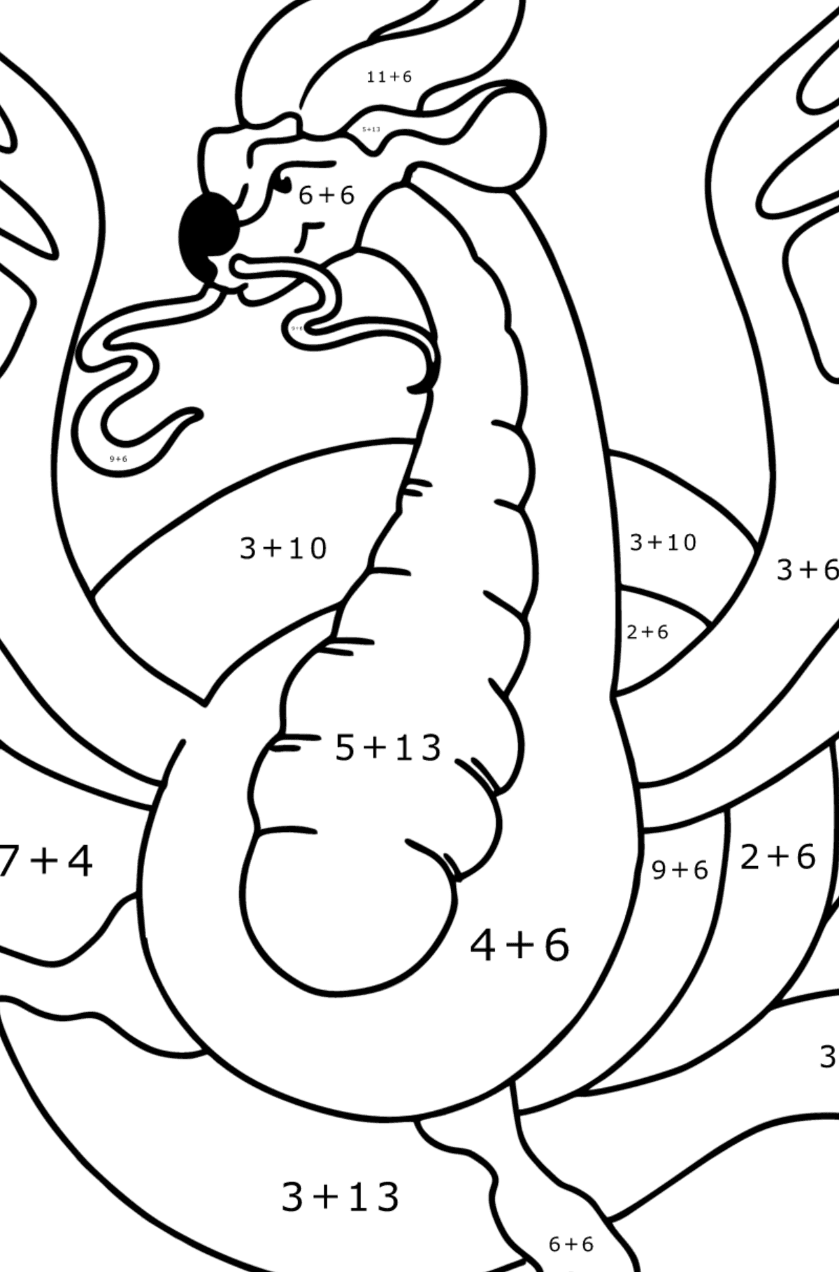 Värityskuva vaarallinen lohikäärme - Matemaattinen Väritys - Yhteenlasku lapsille