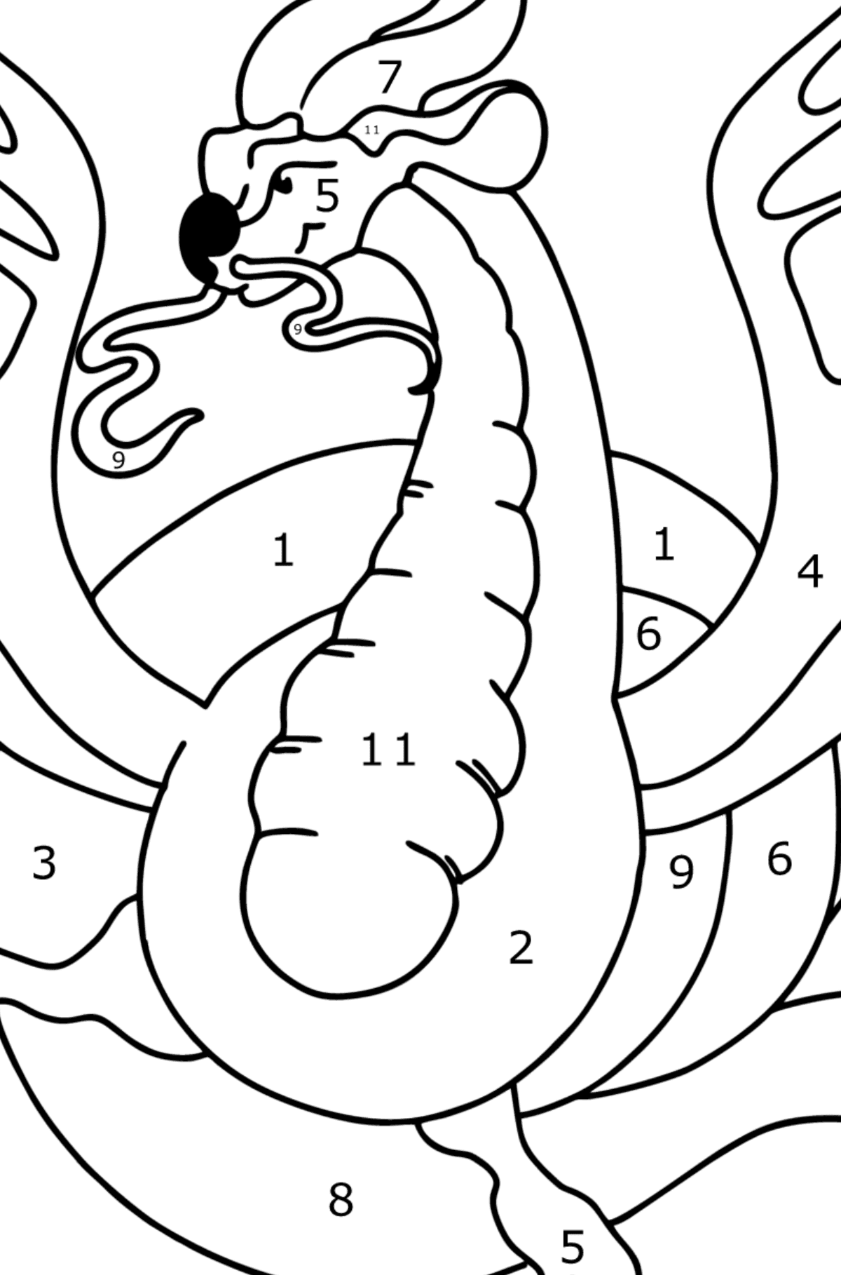 Värityskuva vaarallinen lohikäärme - Väritys numeroiden mukaan lapsille