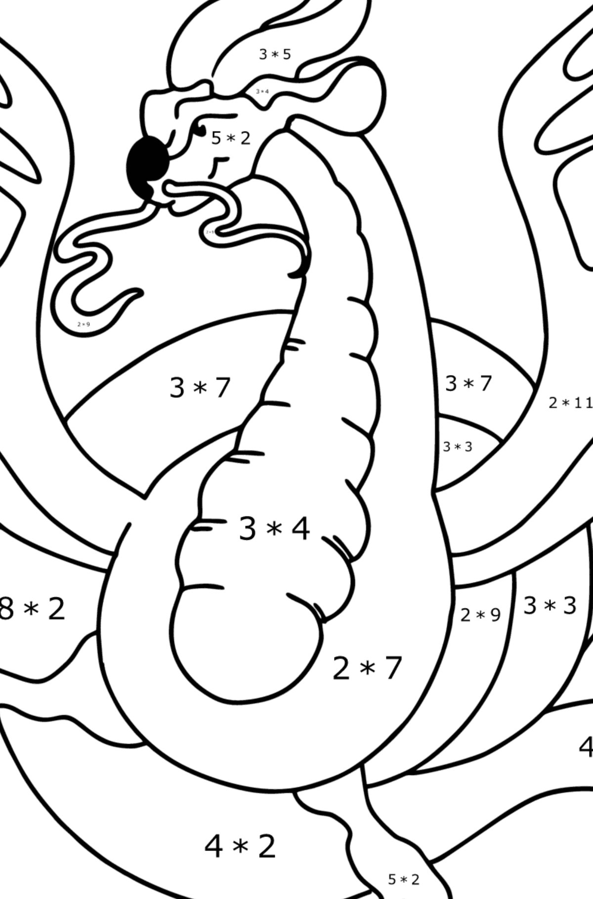 Värityskuva vaarallinen lohikäärme - Matemaattinen Värityskirja - Kertolasku lapsille