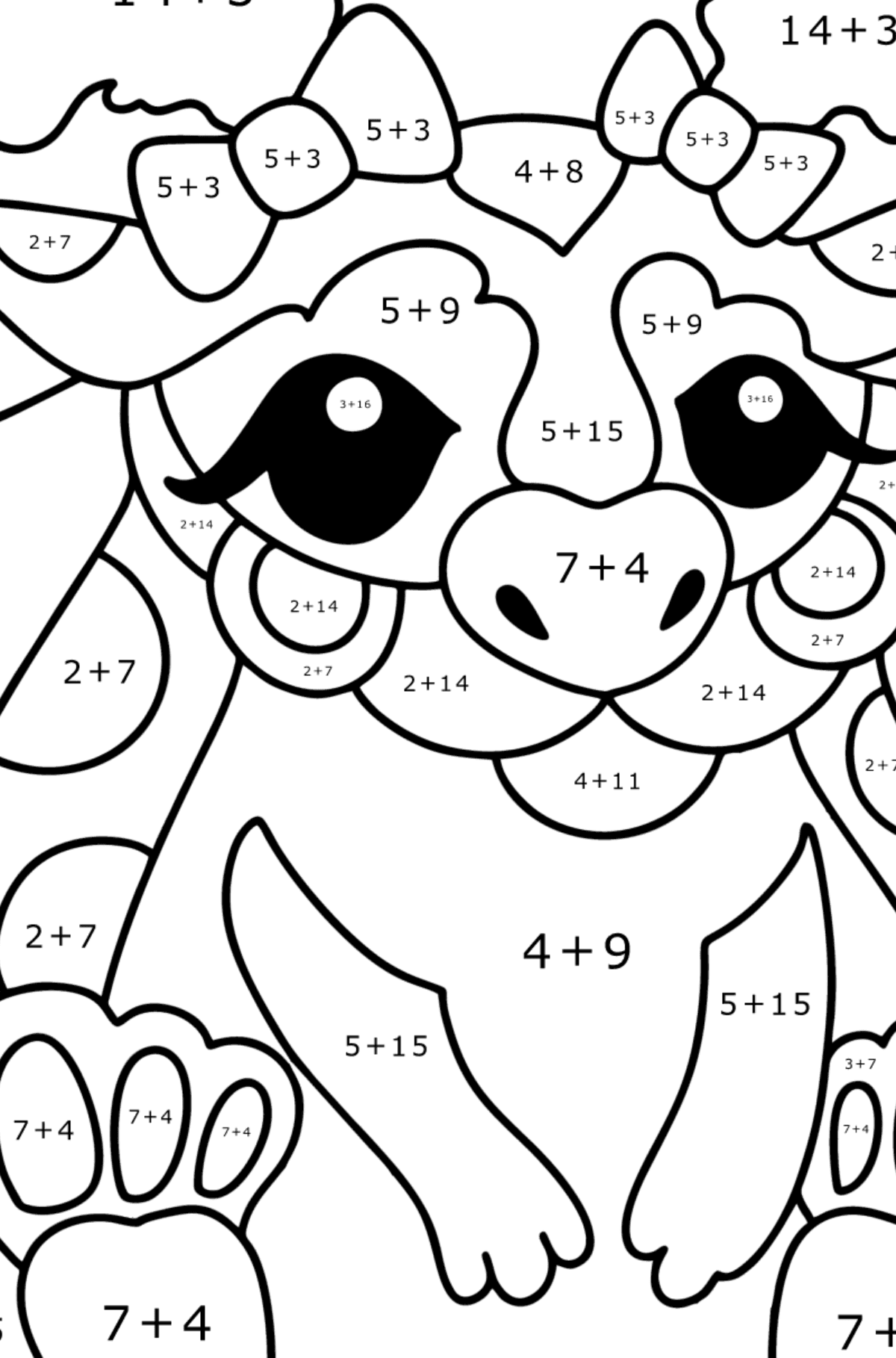 Värityskuva lohikäärme tyttö - Matemaattinen Väritys - Yhteenlasku lapsille