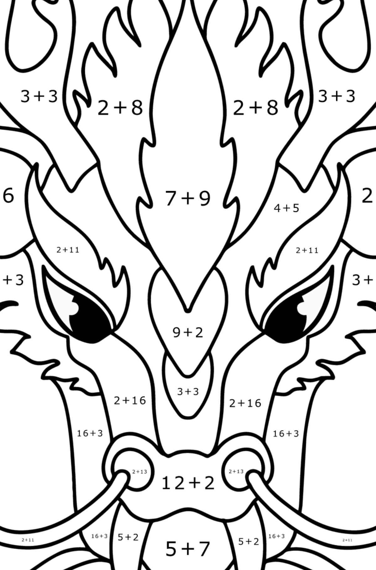 Dibujo de Cabeza de dragón para colorear - Colorear con Matemáticas - Sumas para Niños