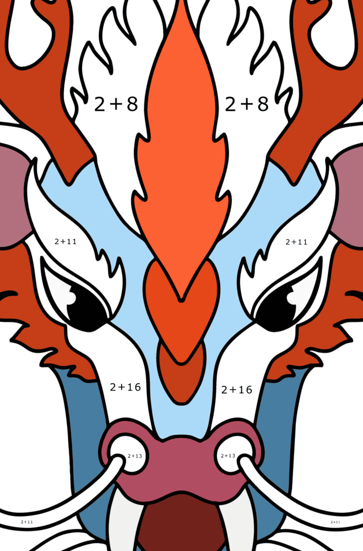 Dibujo de Cabeza de dragón para colorear - Colorear con Matemáticas - Sumas para Niños