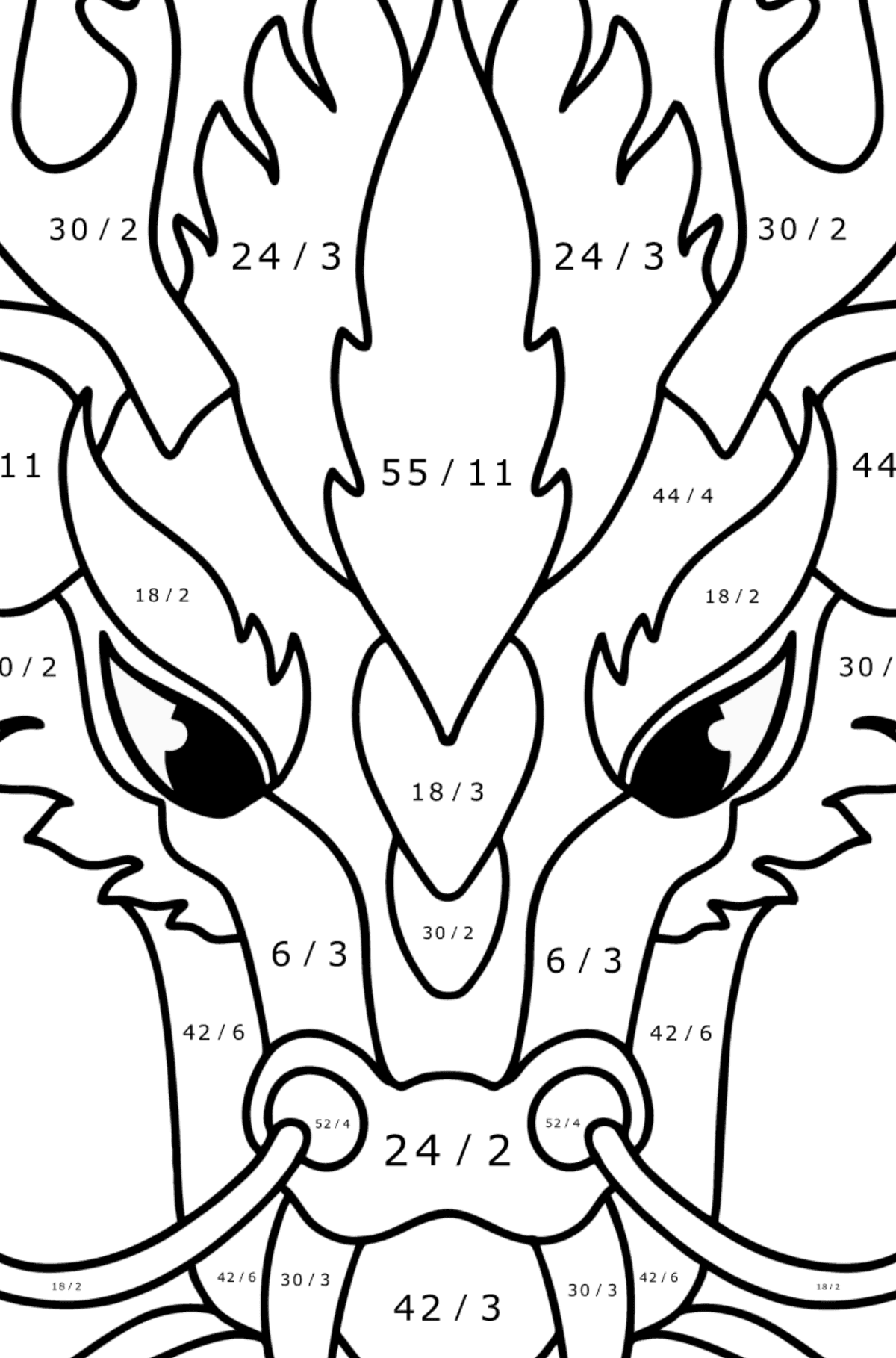 Dibujo de Cabeza de dragón para colorear - Colorear con Matemáticas - Divisiones para Niños
