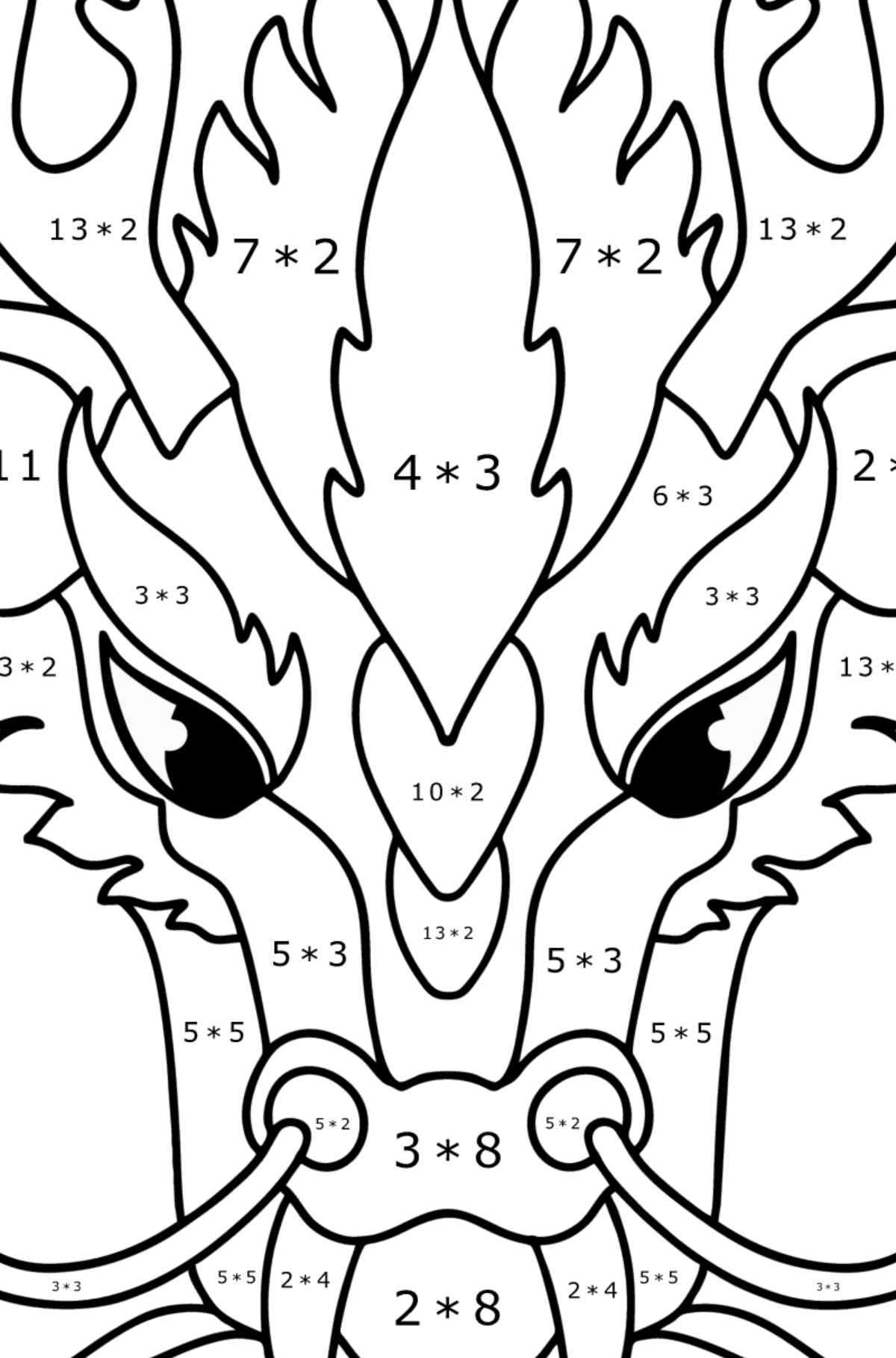 Värityskuva lohikäärmeen pää - Matemaattinen Värityskirja - Kertolasku lapsille