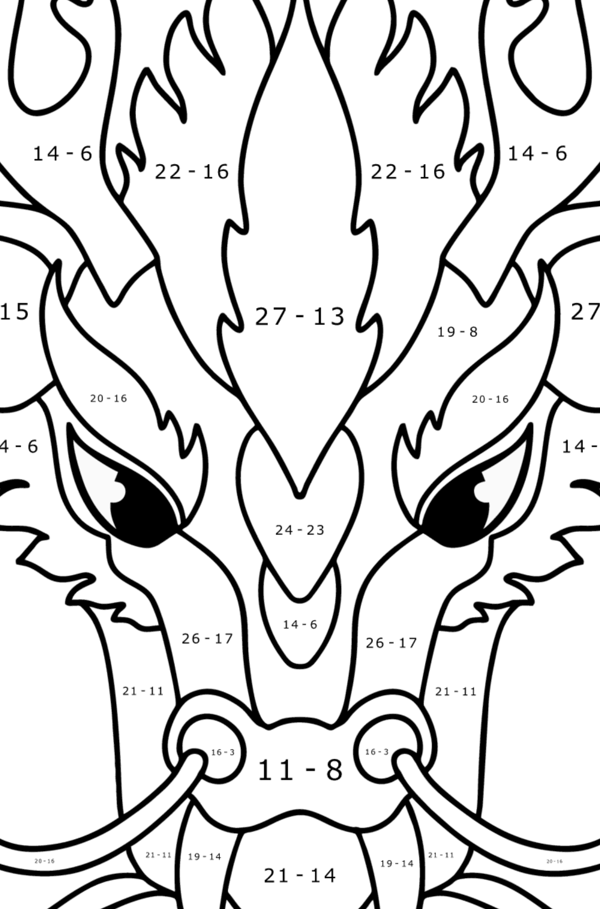 Dibujo de Cabeza de dragón para colorear - Colorear con Matemáticas - Restas para Niños