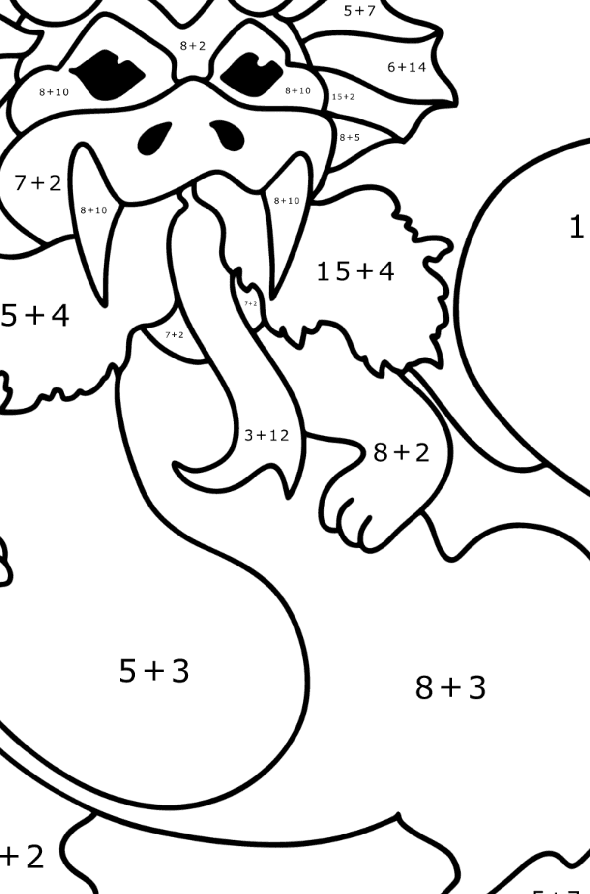 Ausmalbild Der Drache beginnt zu feuern - Mathe Ausmalbilder - Addition für Kinder