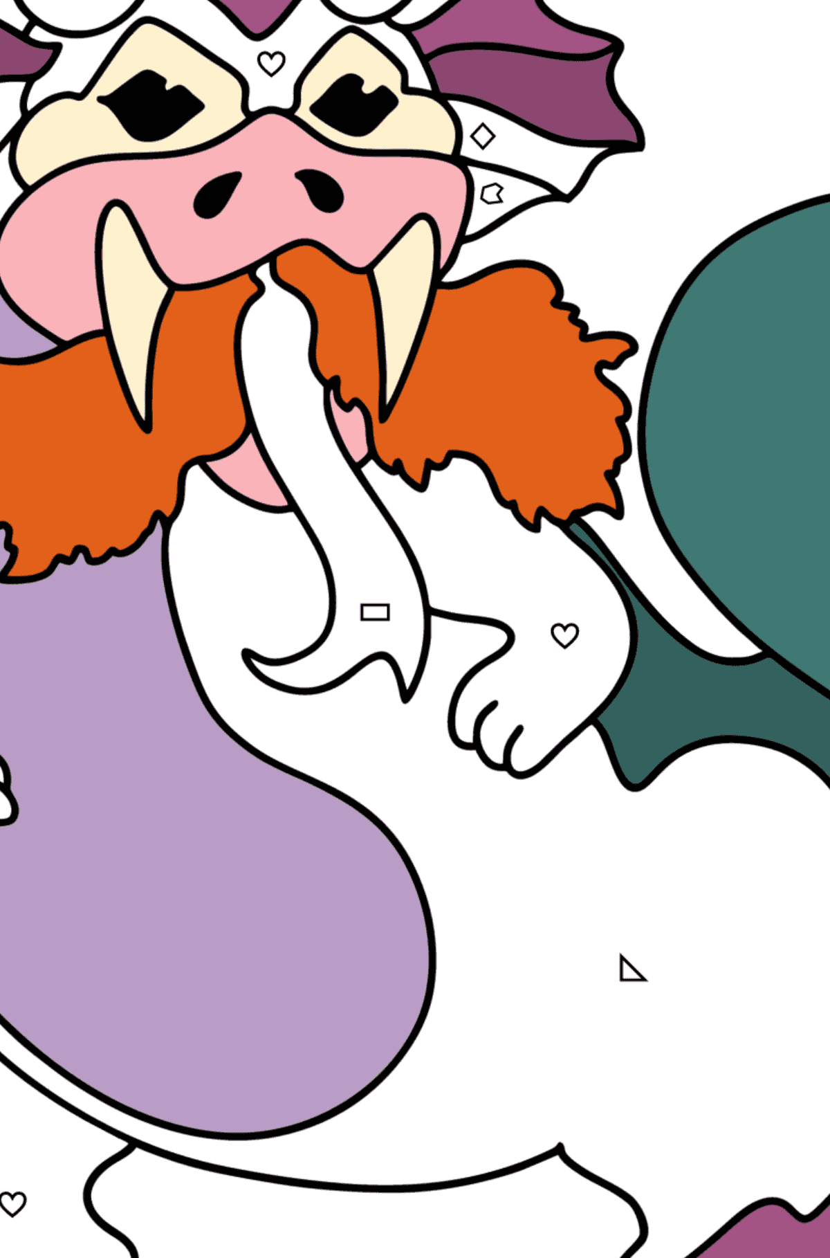 Ausmalbild Der Drache beginnt zu feuern - Ausmalen nach Geometrischen Formen für Kinder