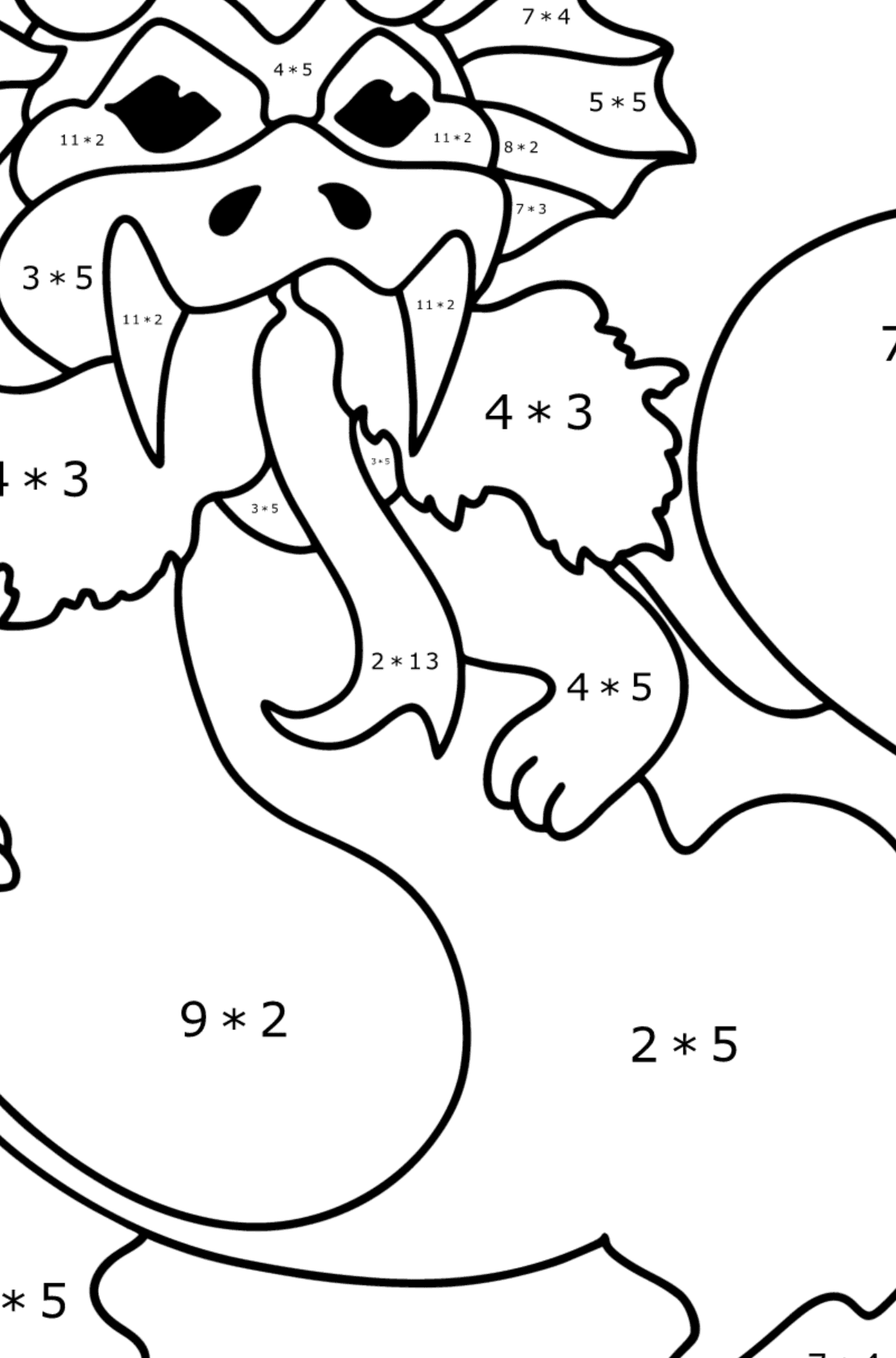 Ausmalbild Der Drache beginnt zu feuern - Mathe Ausmalbilder - Multiplikation für Kinder