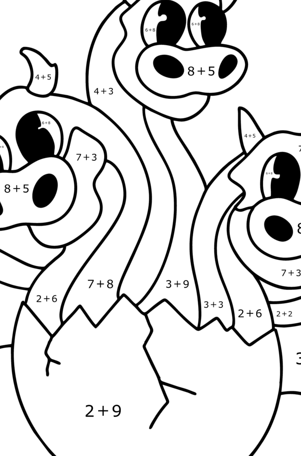 Värityskuva lohikäärme, jolla on kolme päätä - Matemaattinen Väritys - Yhteenlasku lapsille