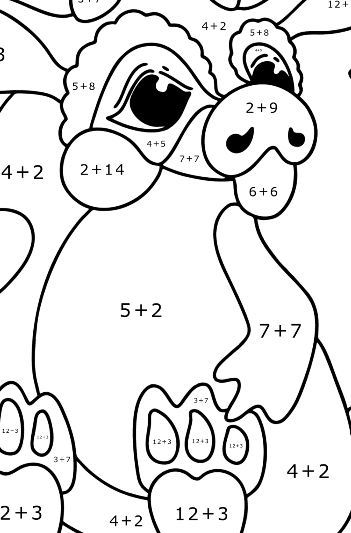 Värityskuva unenomainen lohikäärme - Matemaattinen Väritys - Yhteenlasku lapsille