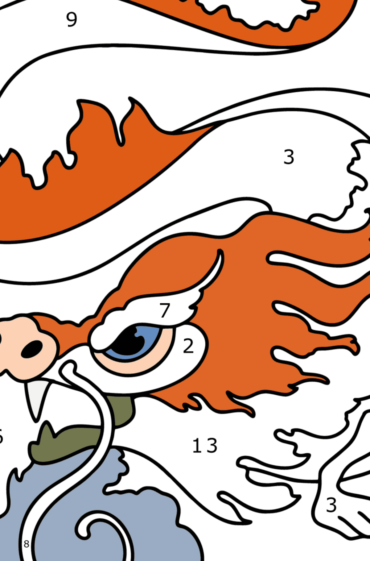 Ausmalbild Feuerspeiender Drache - Malen nach Zahlen für Kinder