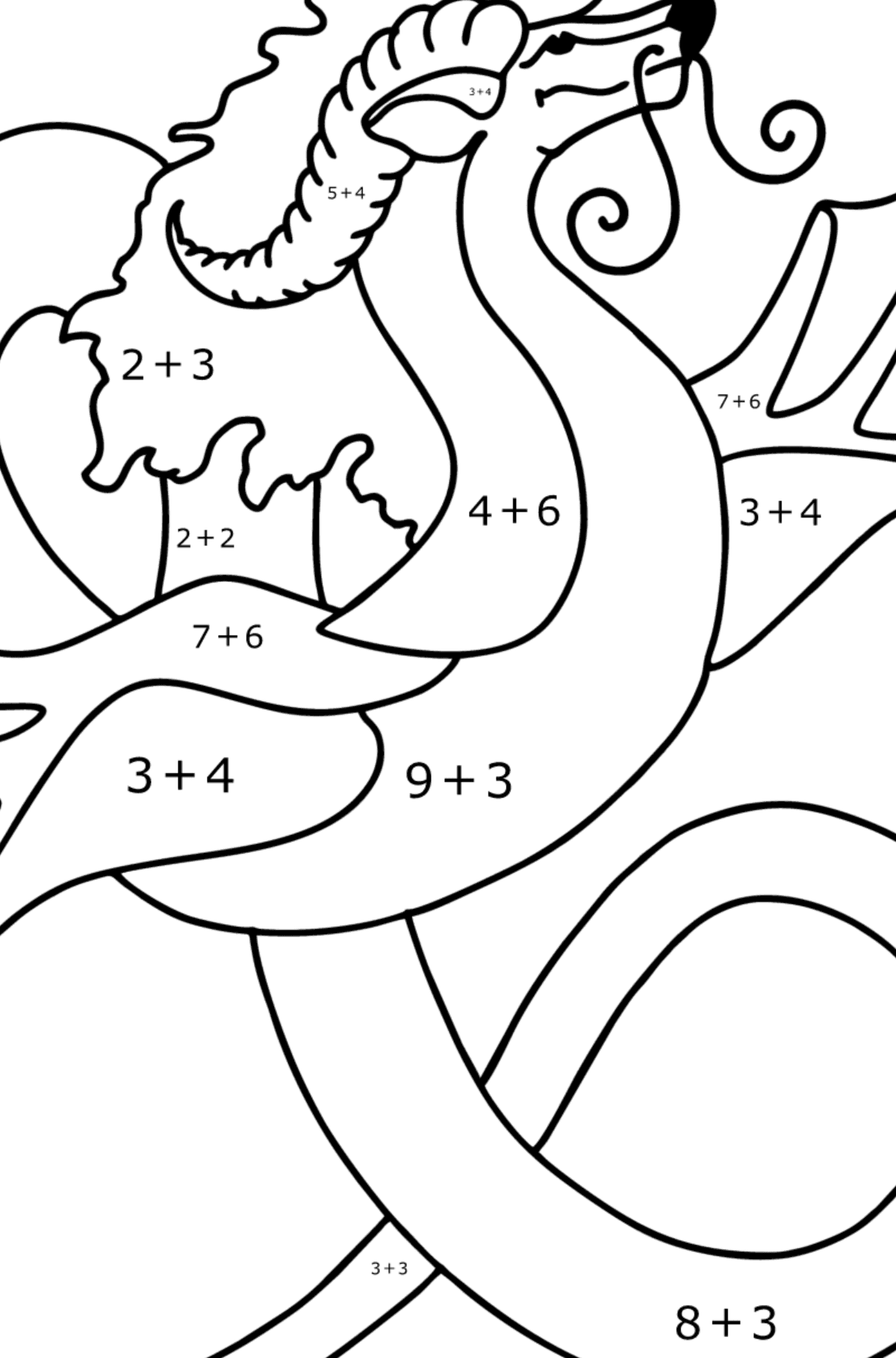 Värityskuva lentävä lohikäärme - Matemaattinen Väritys - Yhteenlasku lapsille