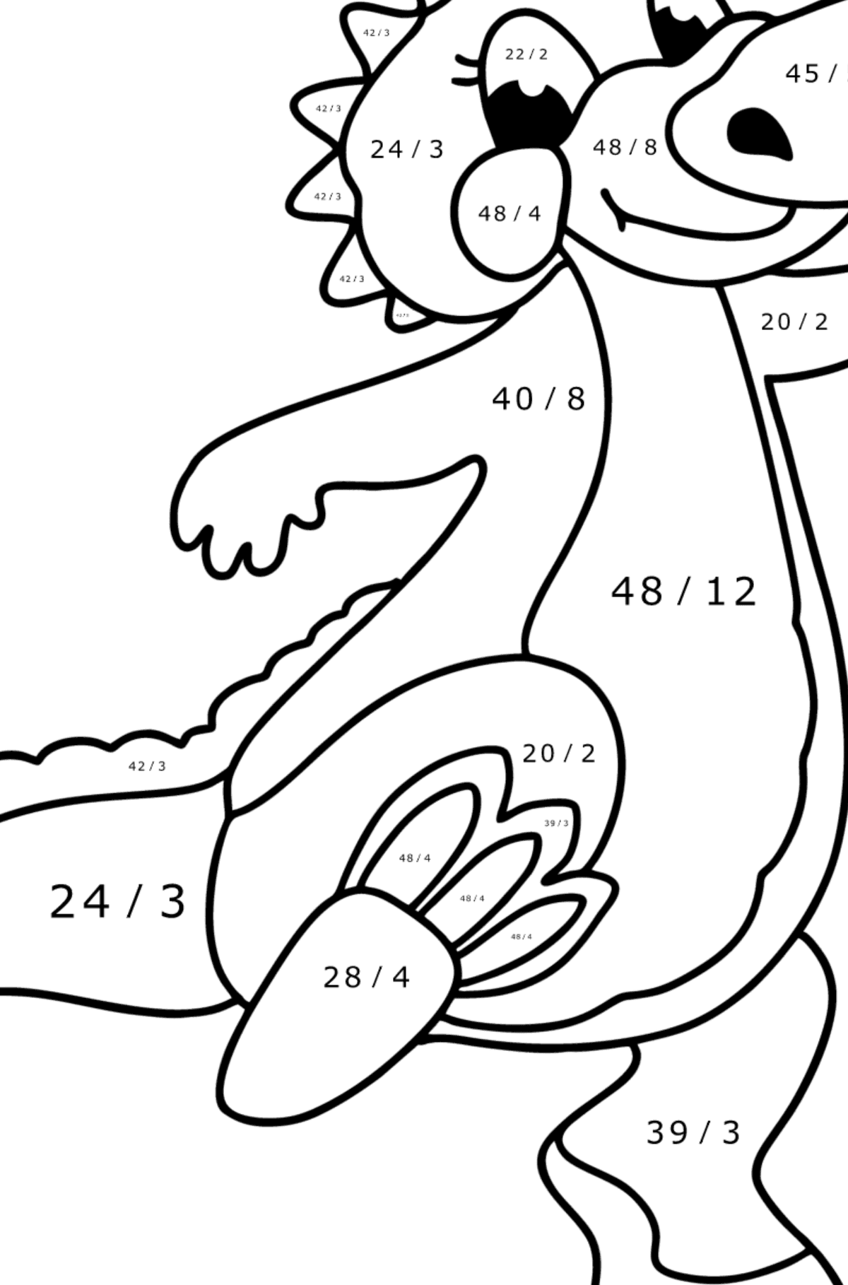 Dibujo de Bebé dragón feliz para colorear - Colorear con Matemáticas - Divisiones para Niños