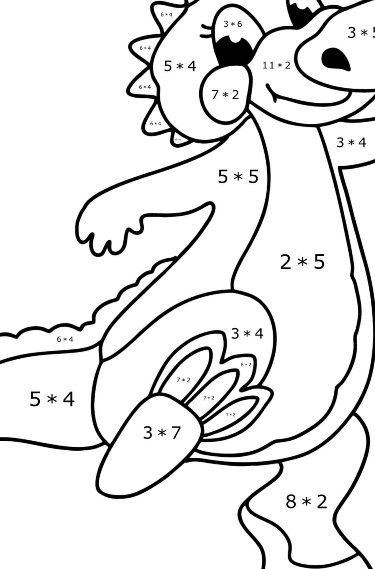 Dibujo de Bebé dragón feliz para colorear - Colorear con Matemáticas - Multiplicaciones para Niños