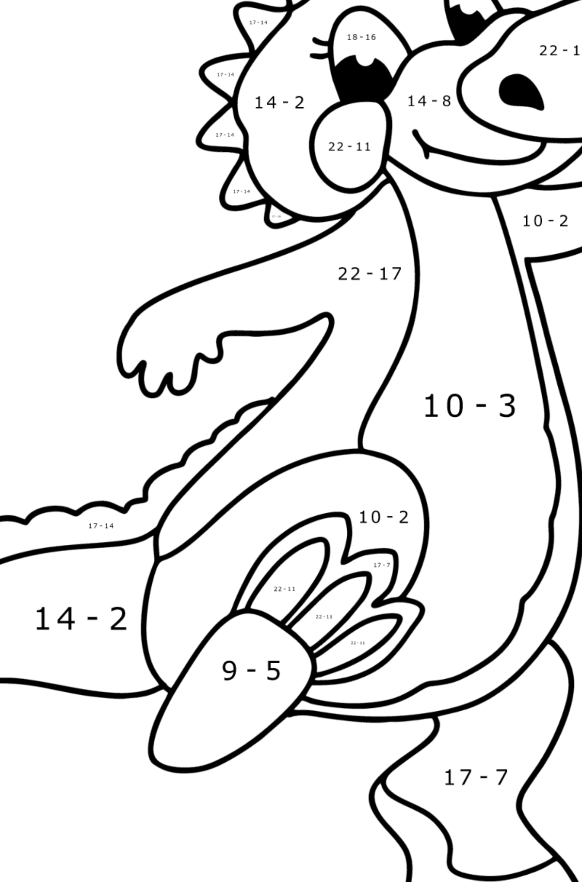 Dibujo de Bebé dragón feliz para colorear - Colorear con Matemáticas - Restas para Niños