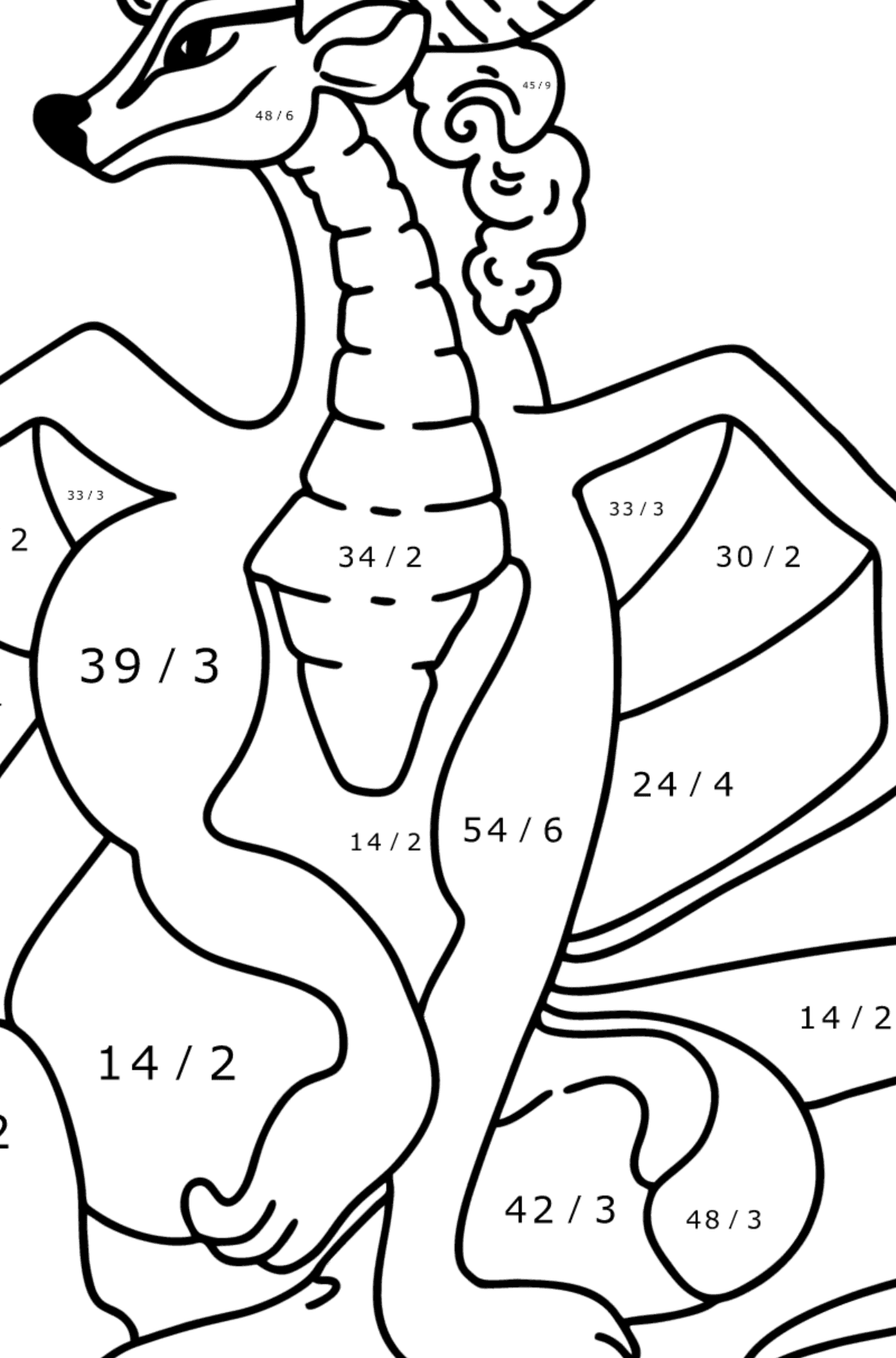 Värityskuva onnen lohikäärme - Matemaattinen Värityslasku - Jakolasku lapsille