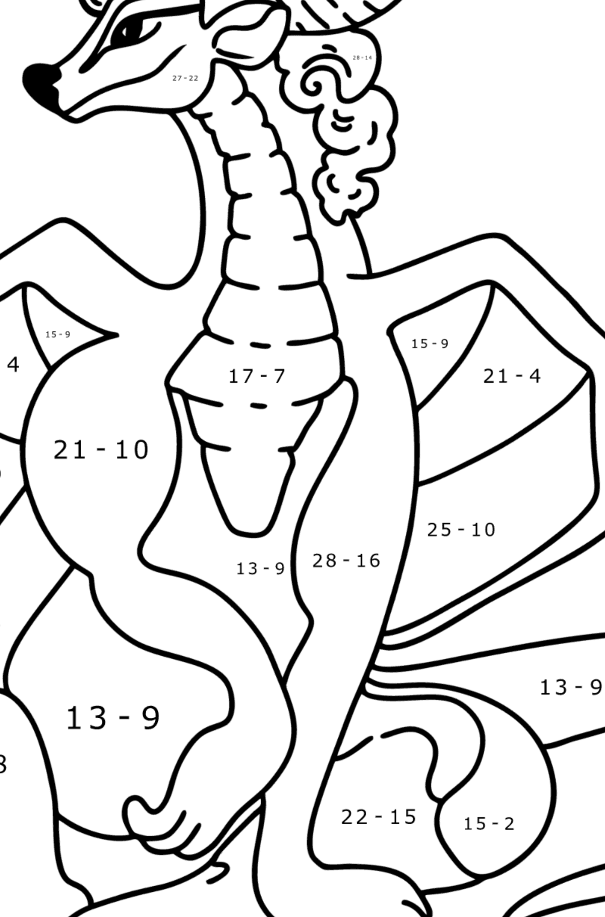Värityskuva onnen lohikäärme - Matemaattinen Väritys - Vähennys lapsille