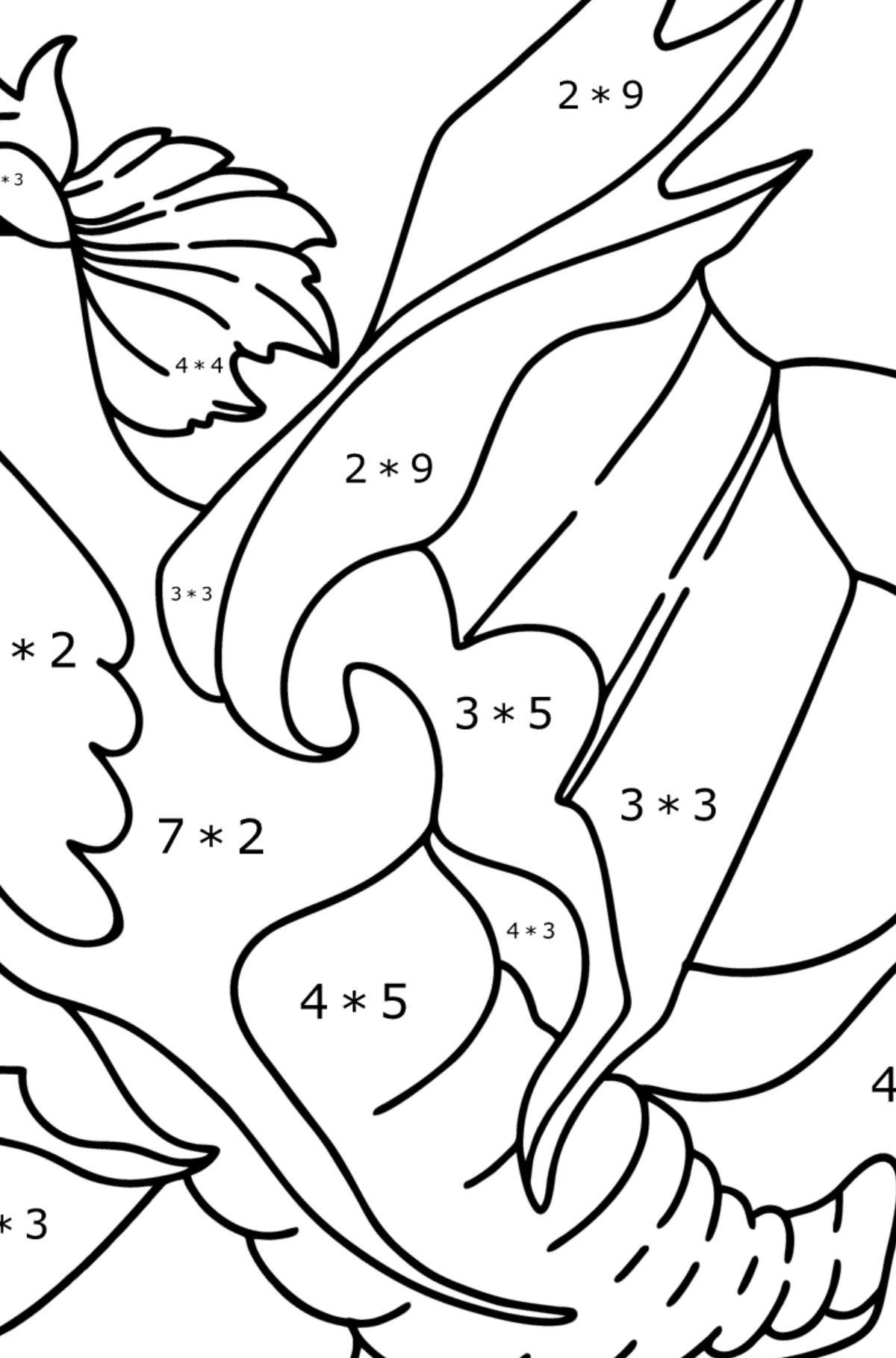 Värityskuva viehättävä lohikäärme - Matemaattinen Värityskirja - Kertolasku lapsille