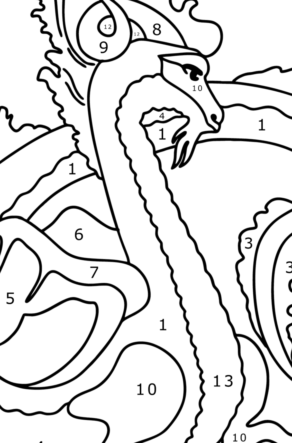 Desen de colorat dragon mitic - Desen de colorat după Număr pentru copii