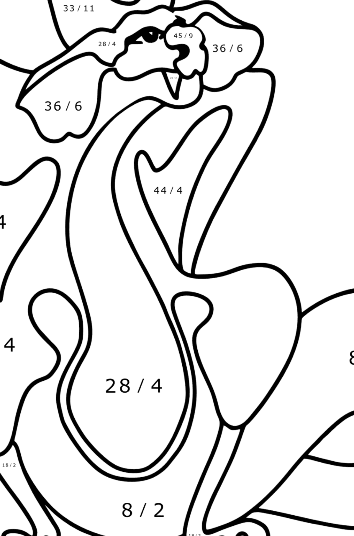 Värityskuva surullinen lohikäärme - Matemaattinen Värityslasku - Jakolasku lapsille