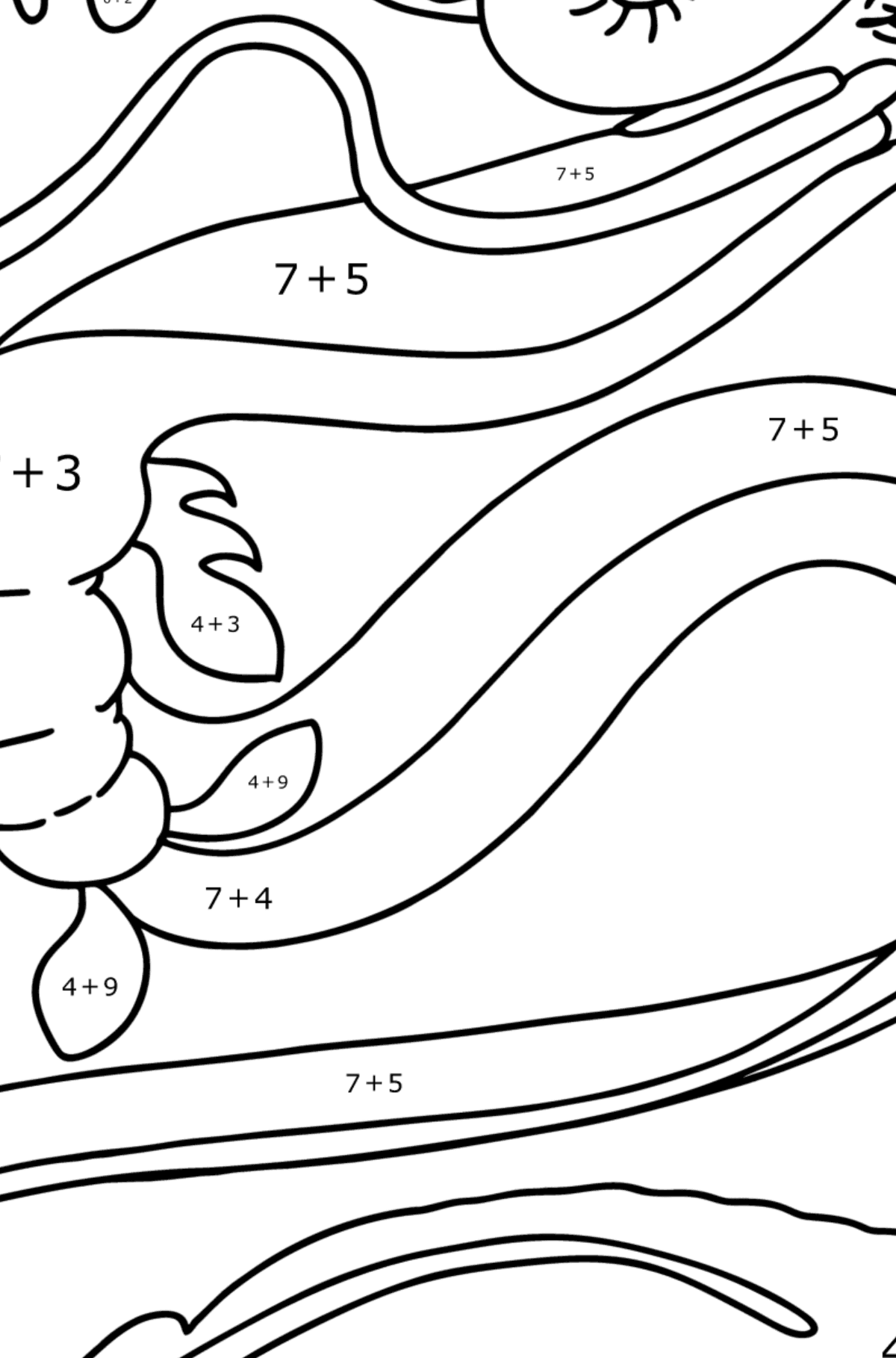Värityskuva käärme lohikäärme - Matemaattinen Väritys - Yhteenlasku lapsille