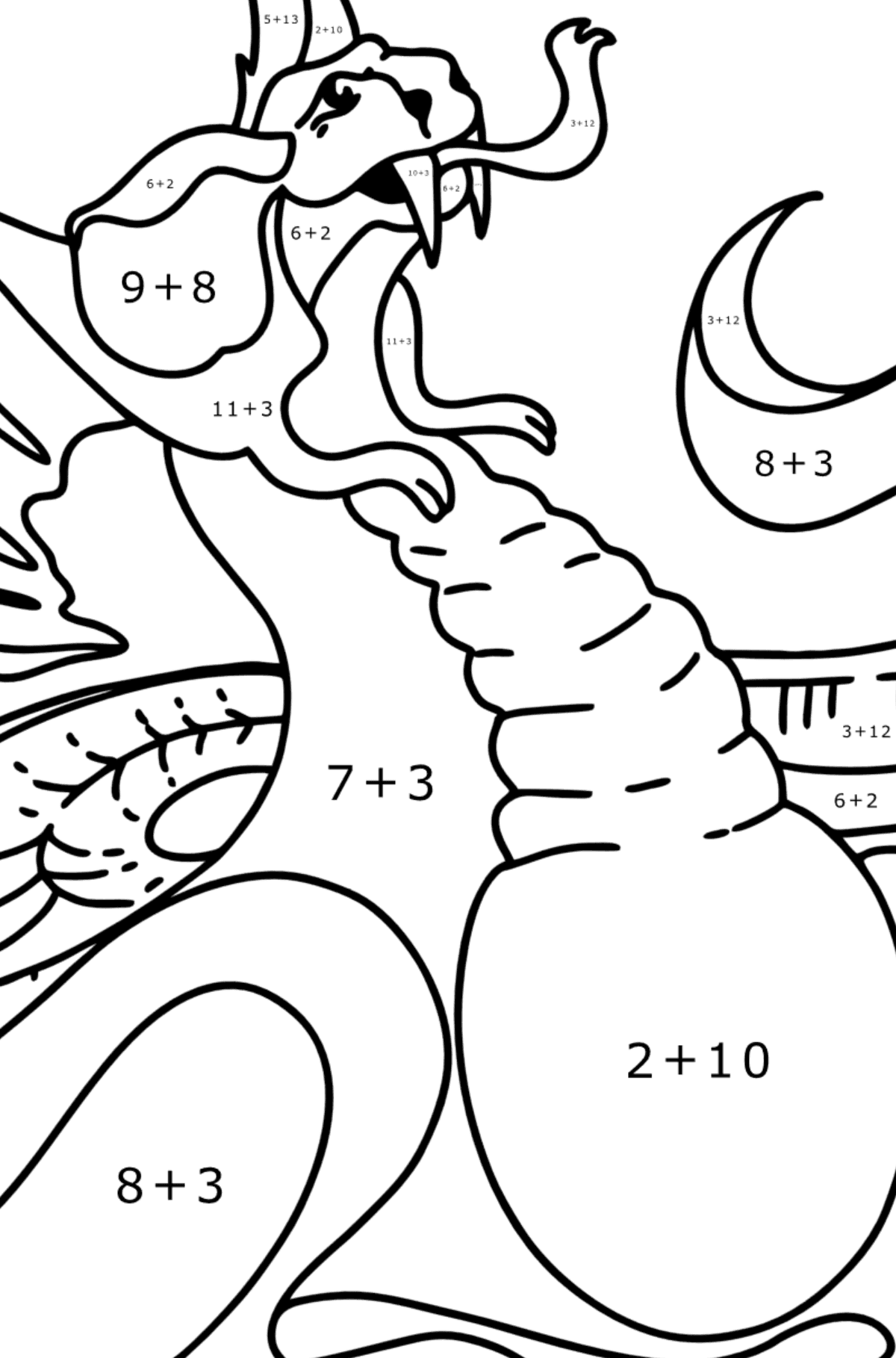 Värityskuva väsynyt lohikäärme - Matemaattinen Väritys - Yhteenlasku lapsille