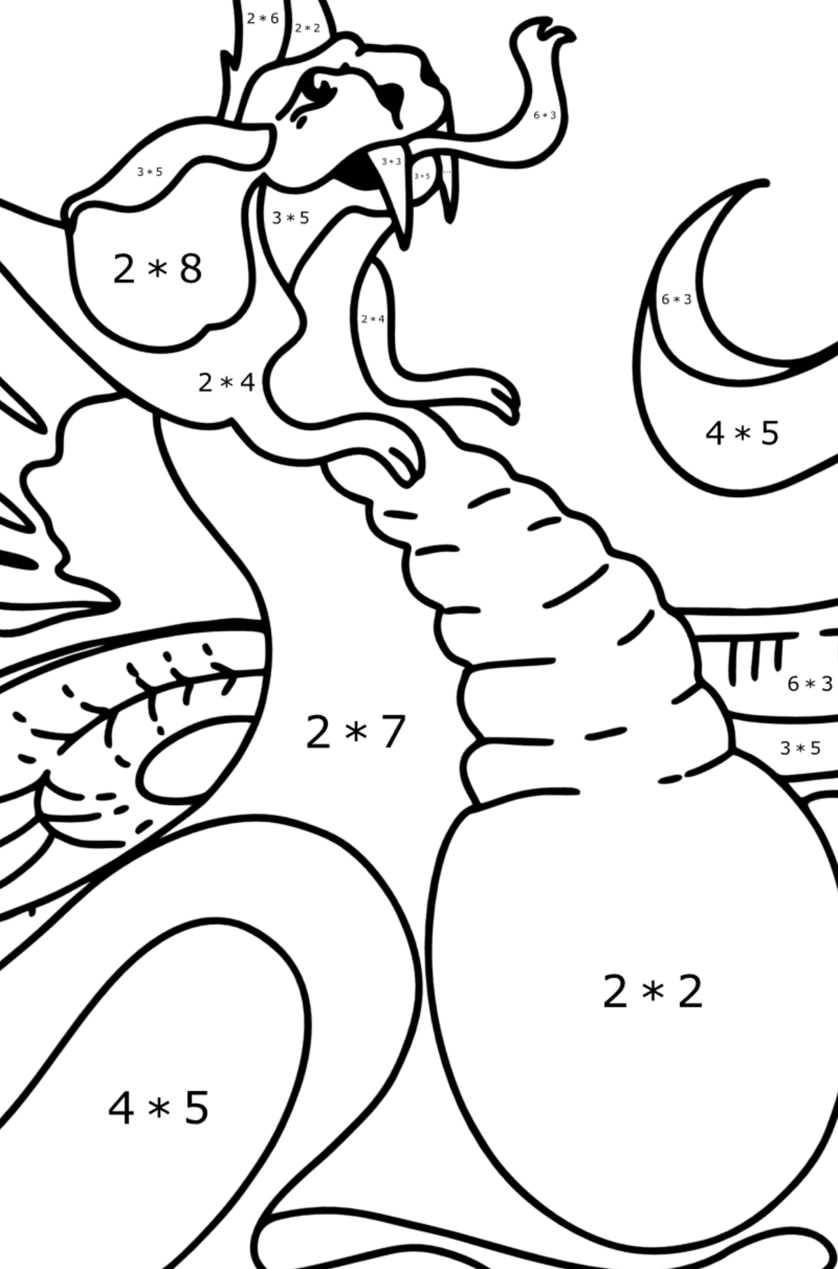 Värityskuva väsynyt lohikäärme - Matemaattinen Värityskirja - Kertolasku lapsille