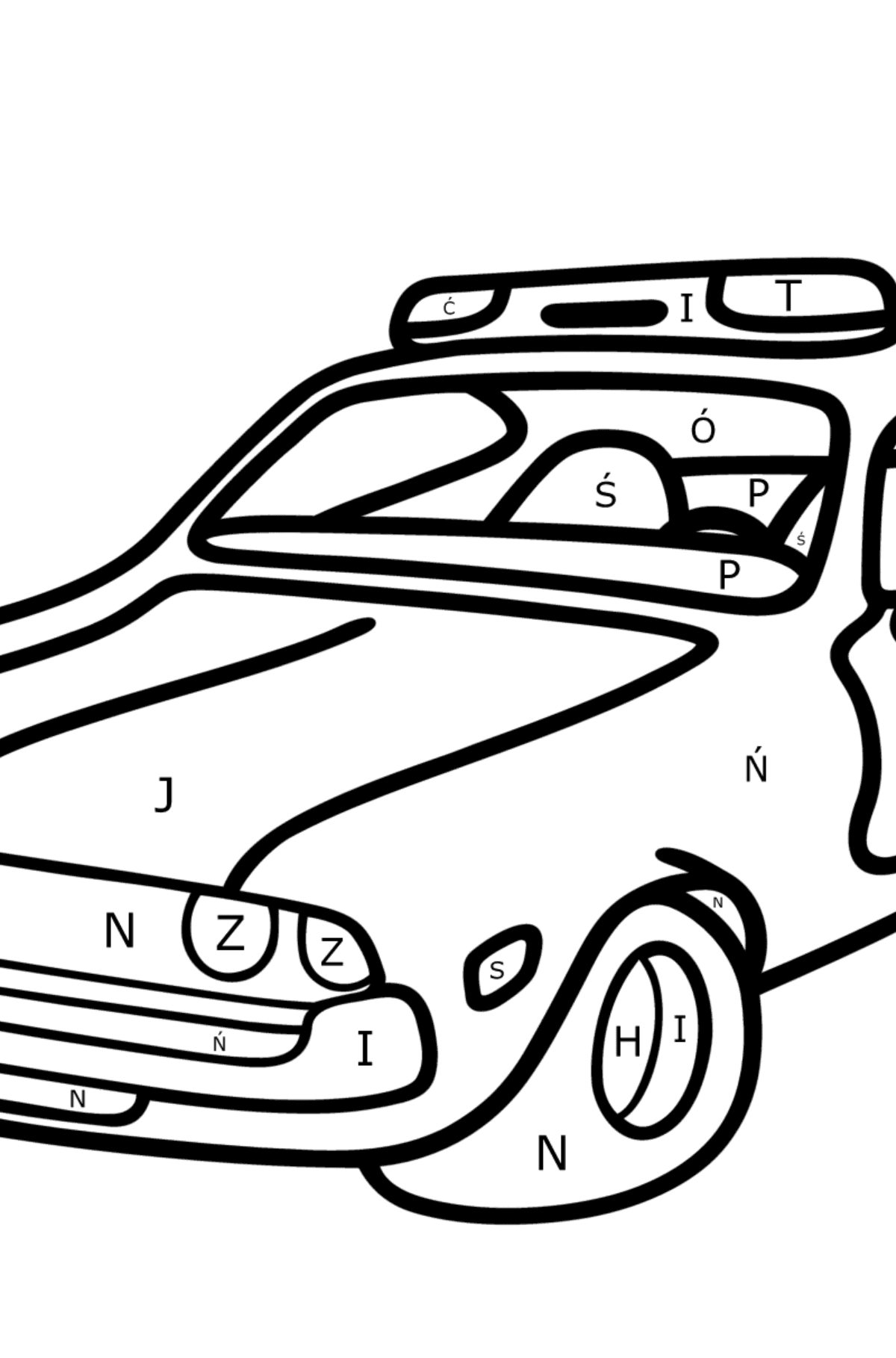 Kolorowanka - Ciemnoszary samochód policyjny - Kolorowanki wedlug liter dla dzieci