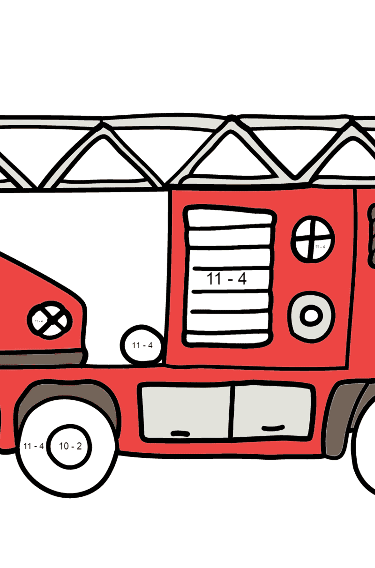 Feuerwehrauto Ausmalbild - Mathe Ausmalbilder - Subtraktion für Kinder